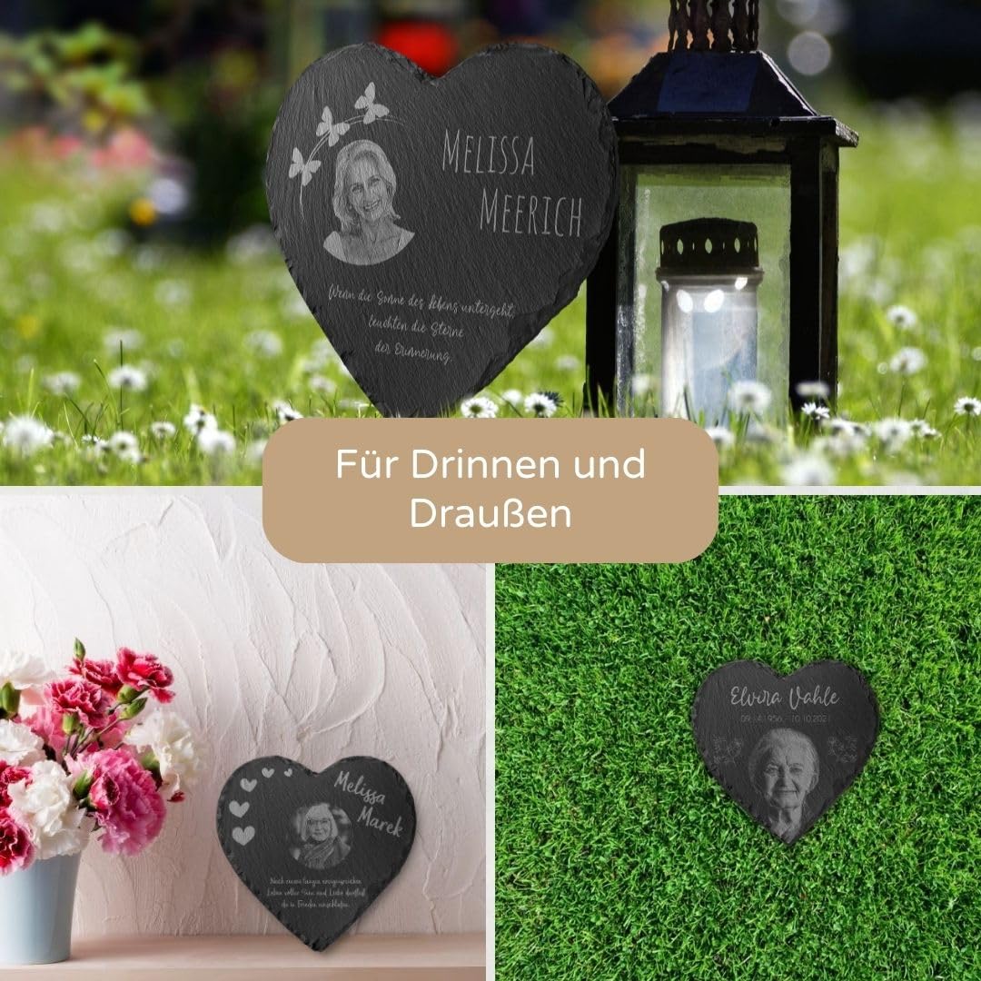 Grabplatte Grabstein Herz aus Schiefer mit Bild Gravur für Menschen bis 25x25 cm - Großer Gedenkstein mit Foto & vielen Motiven - Gravierte Gedenktafel als Grabschmuck Grabdeko personalisiert