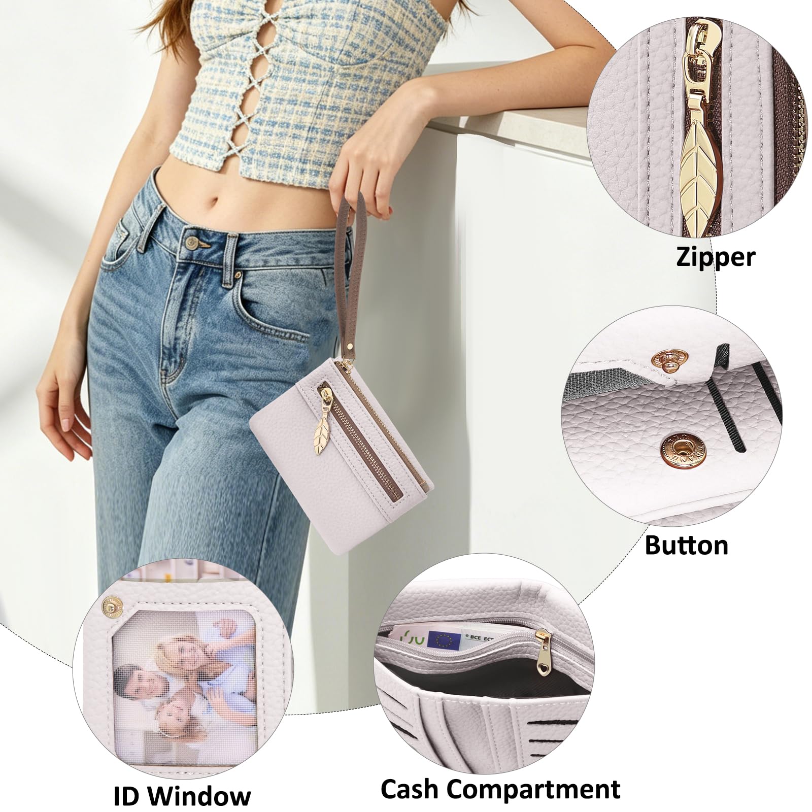HNOOM Porte Monnaie Femme en Cuir PU Portefeuille Femme Petit Format Porte Feuille pour Femme Court avec 9 Emplacements de Cartes et 2 Zippé Pochette à Monnaie (Beige)
