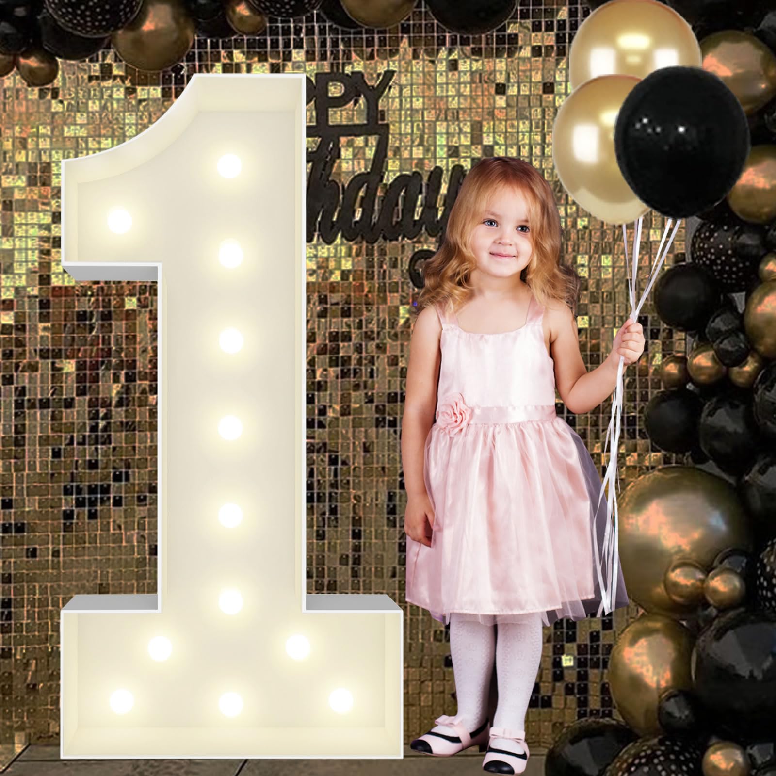 4FT Marquee Light Up Numbers Pre-Cut Frame Giant Marquee Numbers 1, Mosaic Numbers for Balloons, First 1st 21st Birthday Anniversary Decorations Party Decor