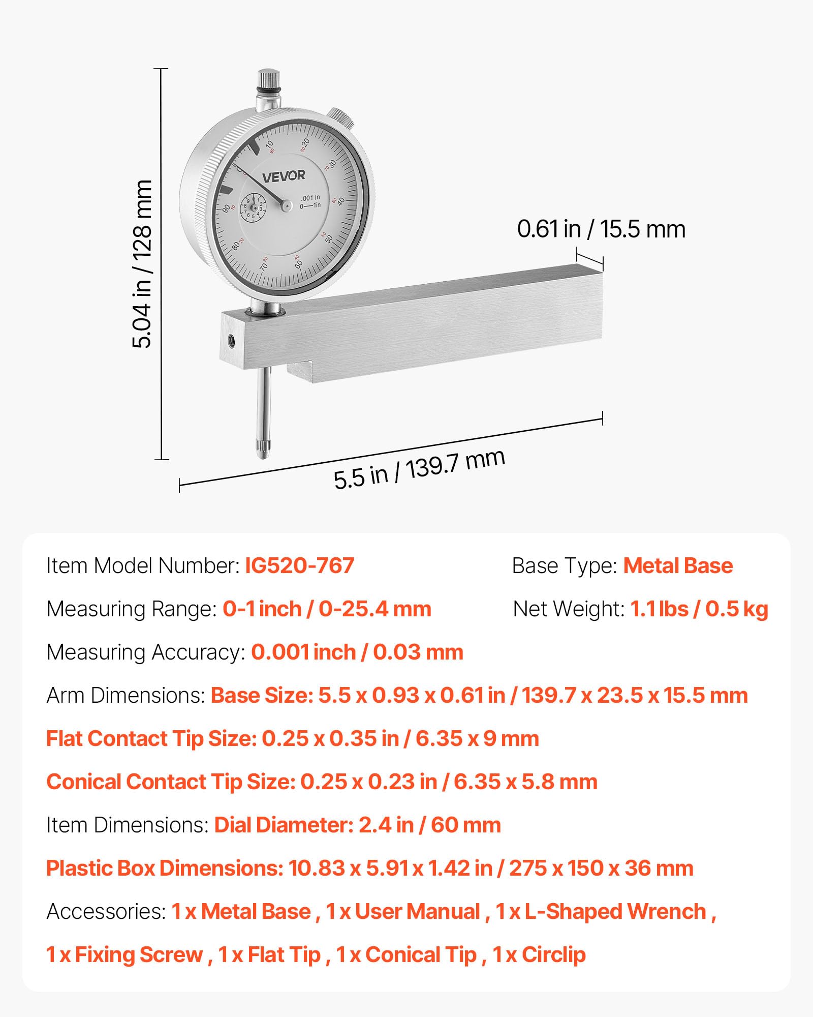VEVOR Indicador de Comprobación de Cuadrante, con Base Metálica, Precisión de 0,03 mm, Rango de Medición 0 a 25,4 mm, para Medición de Áreas Estrechas, Mecanizado e Inspección Industrial, Plata