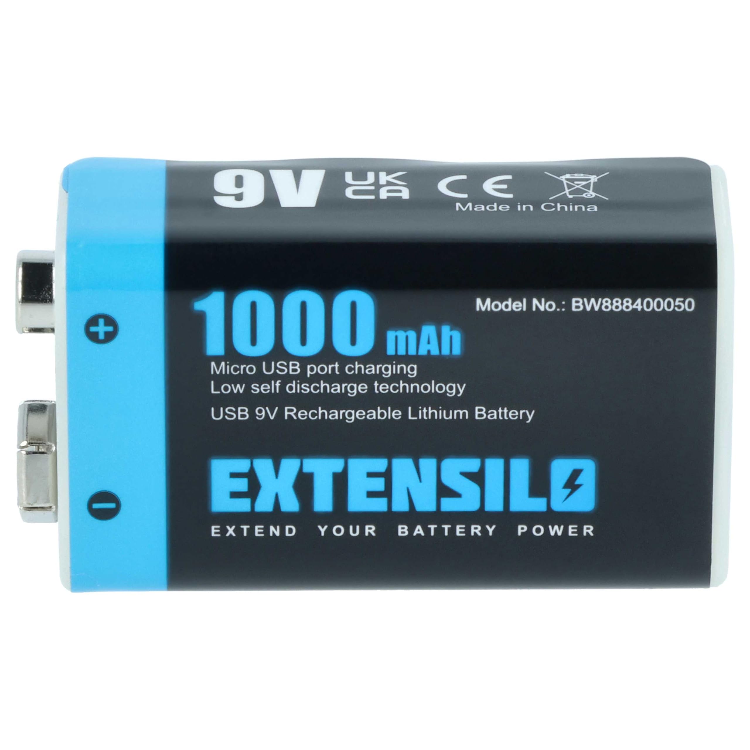 10x Piles Bloc Batterie 9V pour Divers appareils (1Ah, 9V, Li-ION), prête à l'emploi, avec Micro-USB
