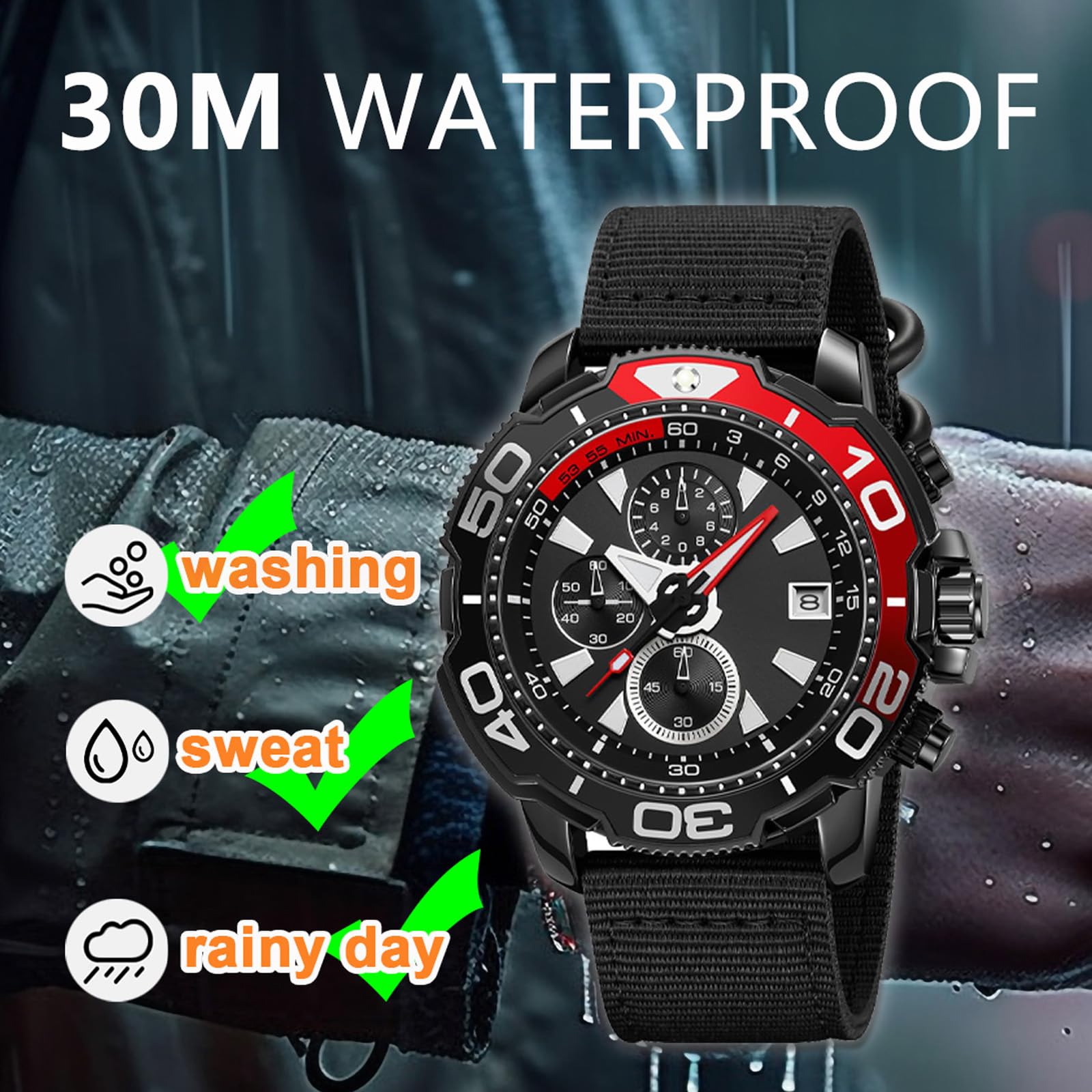 Montre militaire étanche pour homme avec calendrier et aiguille lumineuse