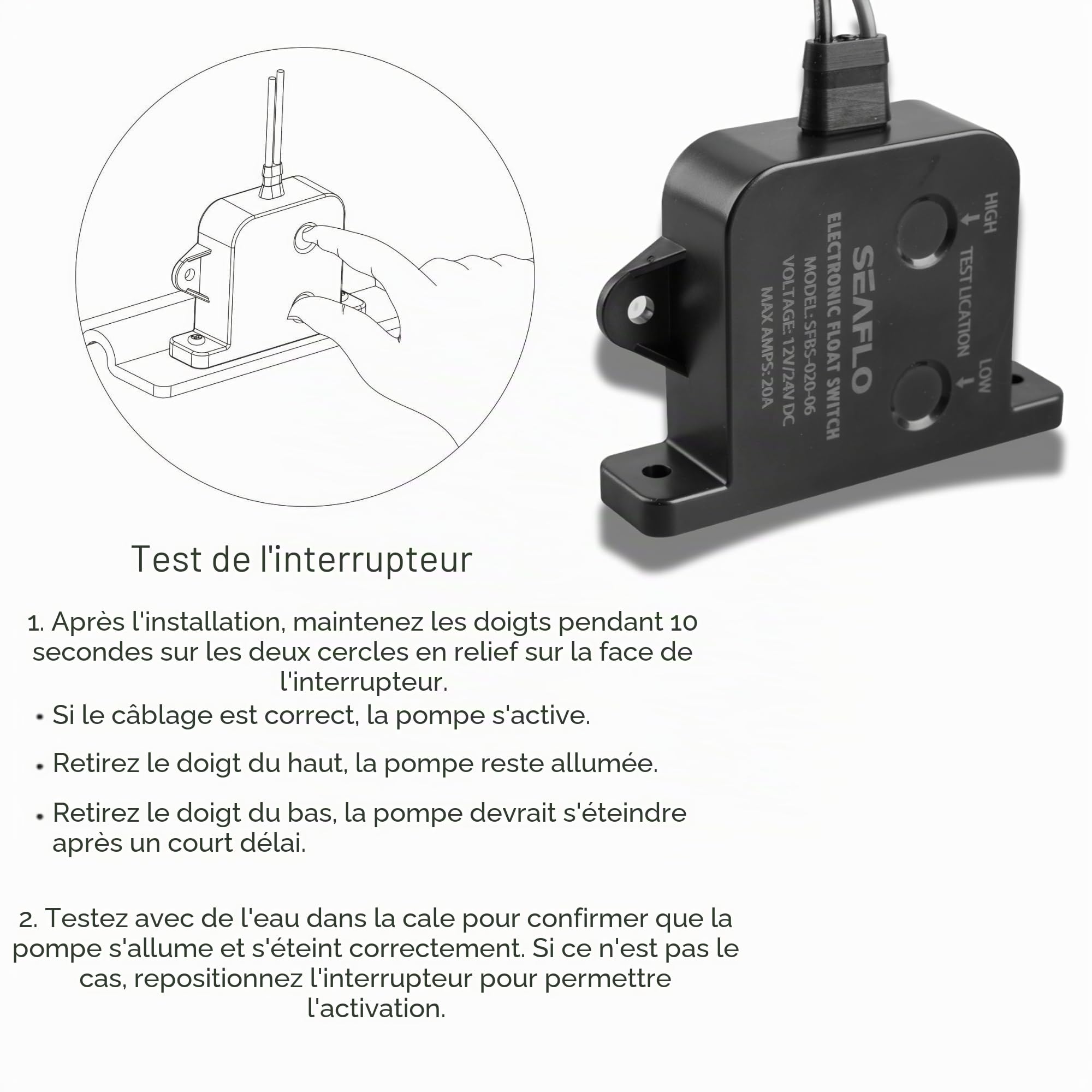 SEAFLO Interrupteur de pompe de cale électrique à semi-conducteurs 20 A, 12/24 V – Capteur de niveau d'eau intelligent, sans pièces mobiles, garantie 4 ans