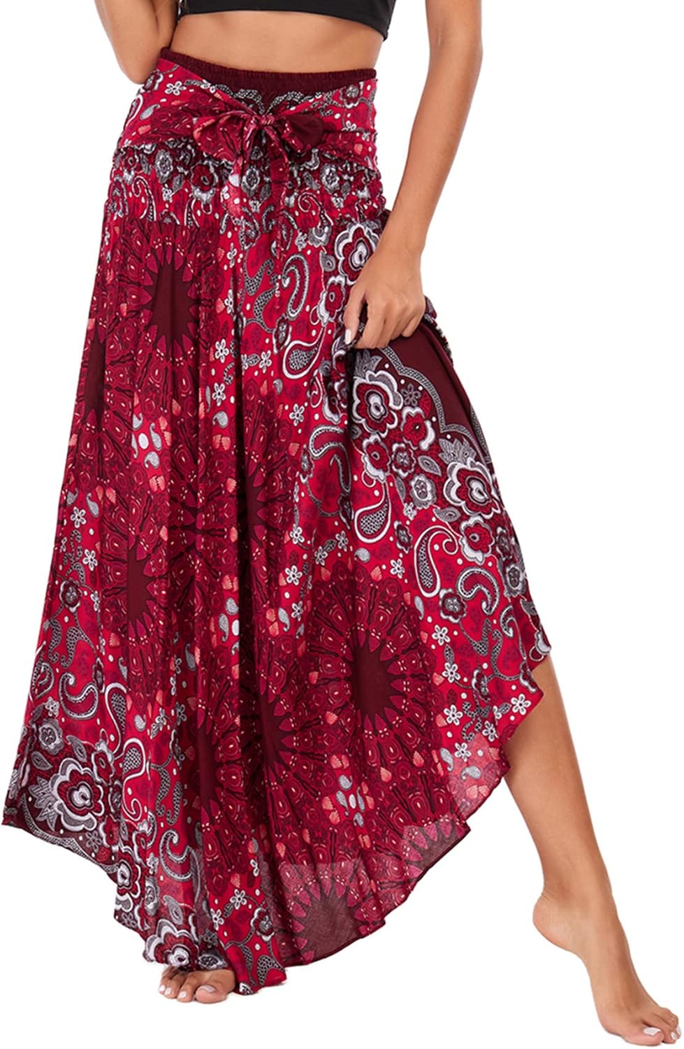 PNKJ Women Bohemian Mandala Floral Print Rayon Hippie Maxi Skirt Boho Summer Beach Dress Fits S M L