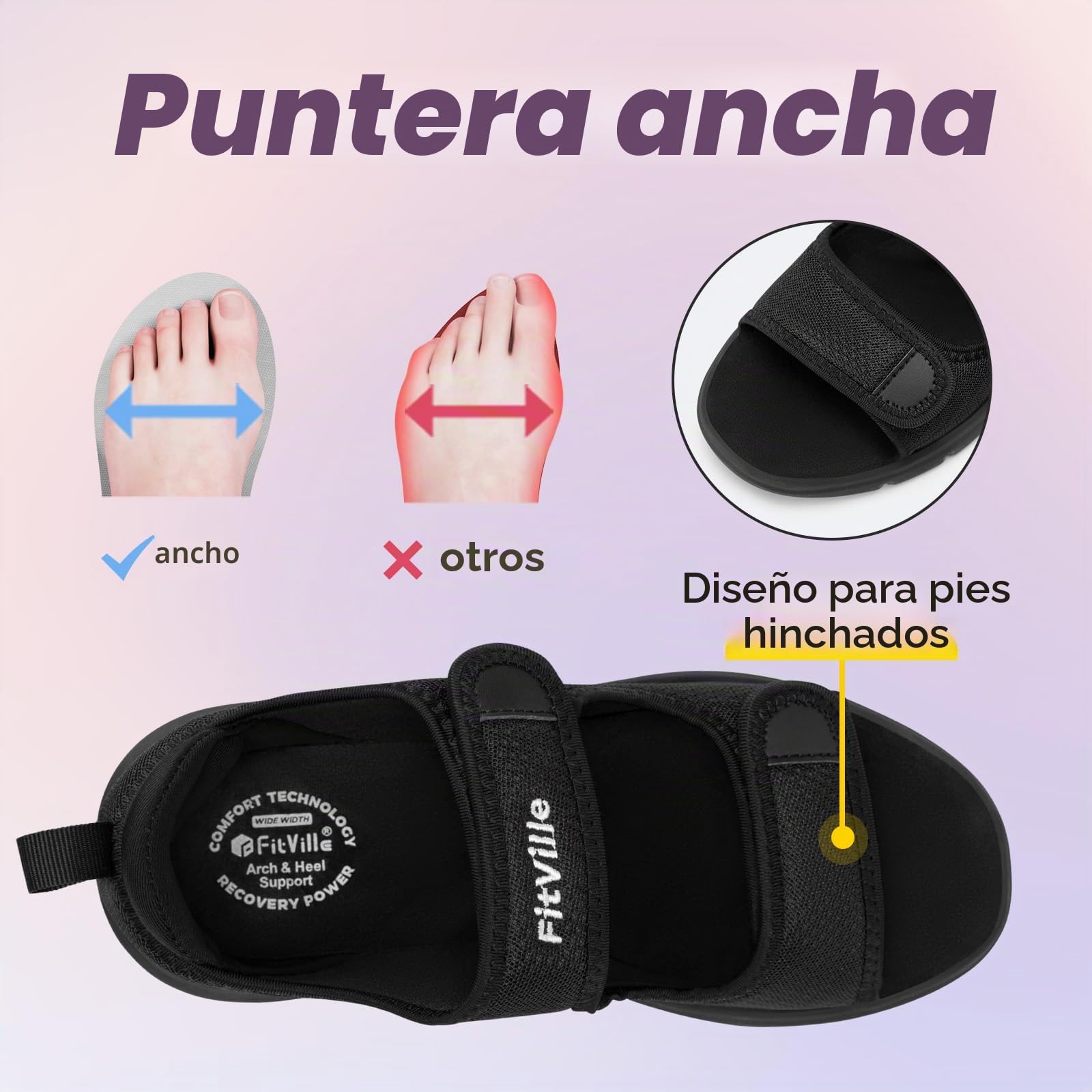 FitVille Sandalias para Diabéticos Mujer Ancho Zapatos Ortopédicos Cierre con Hebilla Sandalias de Rehabilitación con Abertura para Pies Hinchados