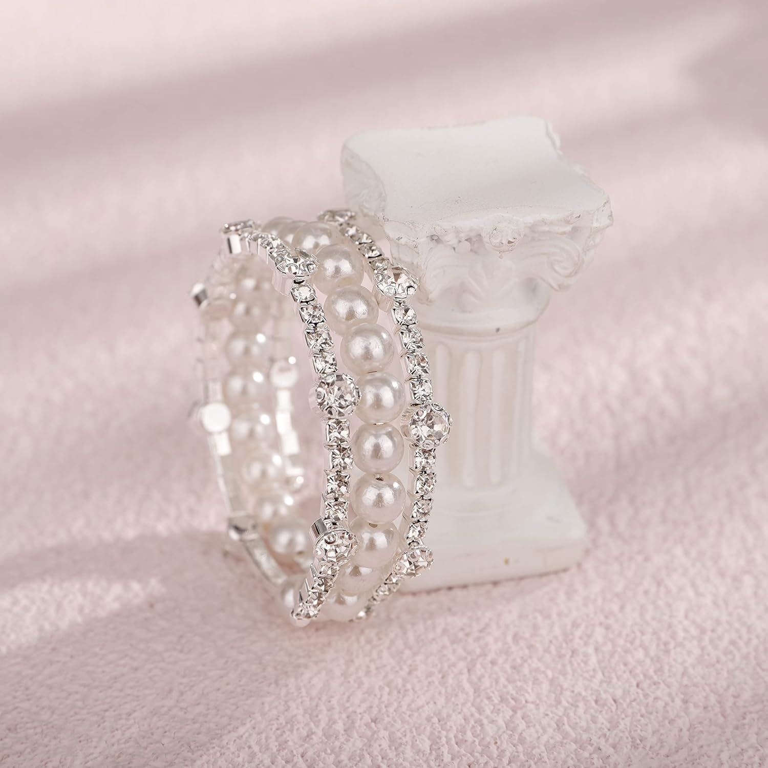 YERTTER Wedding Silver Pearl Rhinestone Multi Layered Stretch Wrap Bracelet 1920s Vintage Strand Layered Bracelet Gift for Women Brides - Image 4