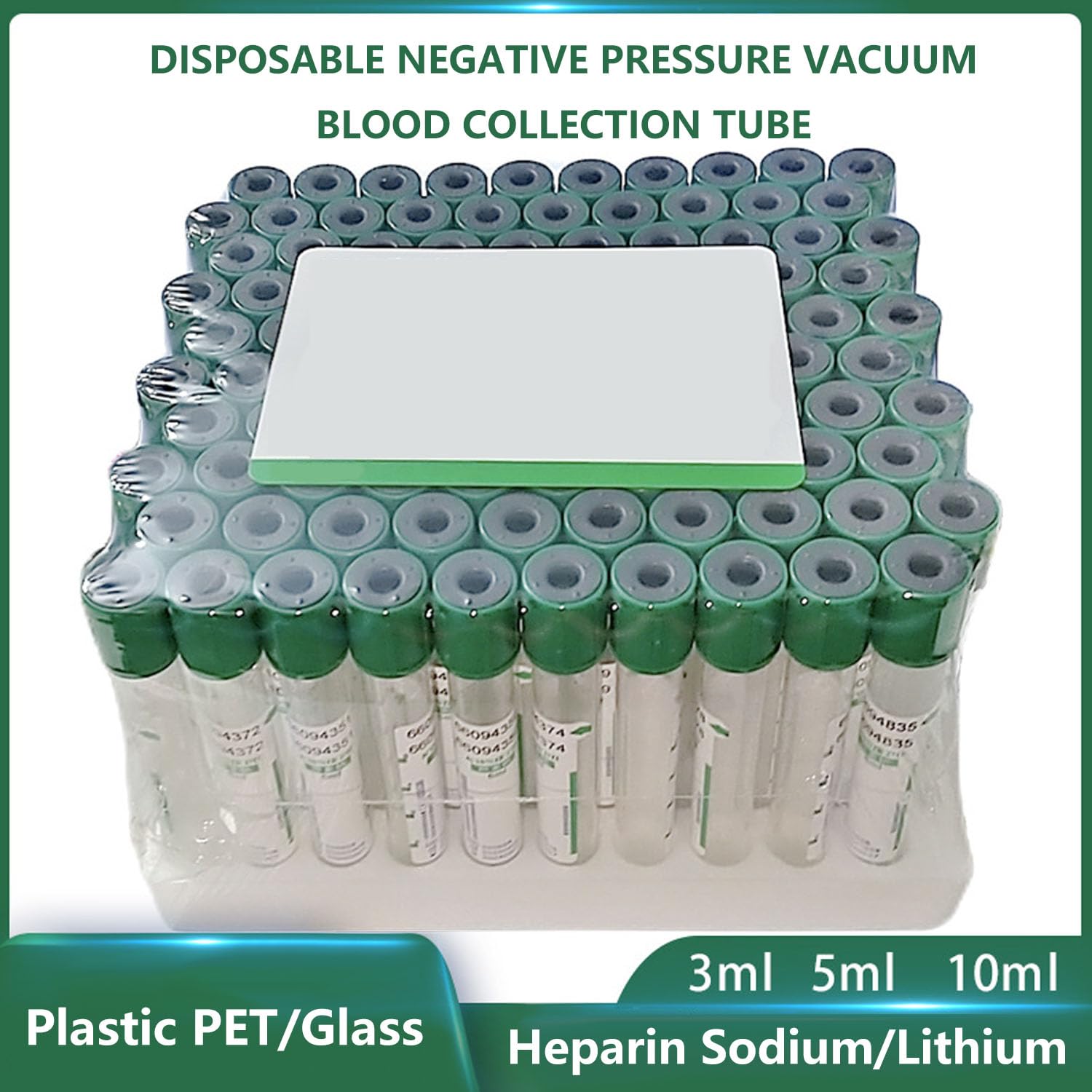 100 tubos vacutainer de vidrio/PET con heparina sódico/litio para tubos de ensayo de laboratorio, animales de mascotas, veterinarios, 5 ml, 10 ml, 15 ml