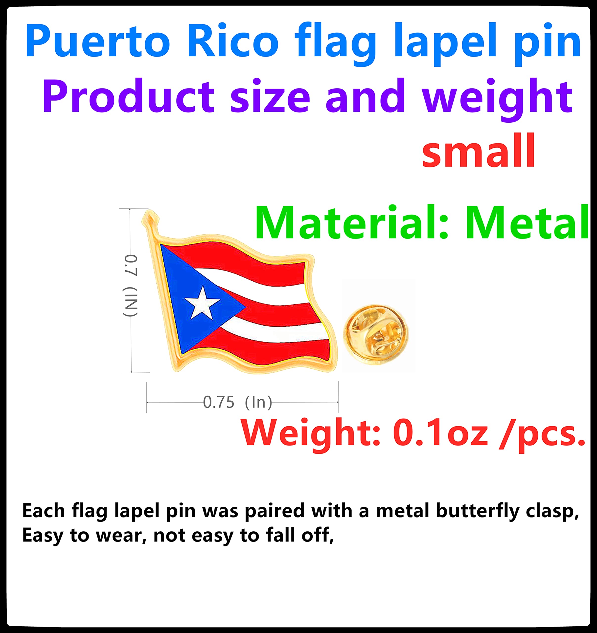 12/25/50 pines pequeños de metal con bandera de Puerto Rico ondeando la bandera de Puerto Rico para mujeres y hombres, traje chaqueta, mochila, sombrero, aleación de acero, sin piedras preciosas