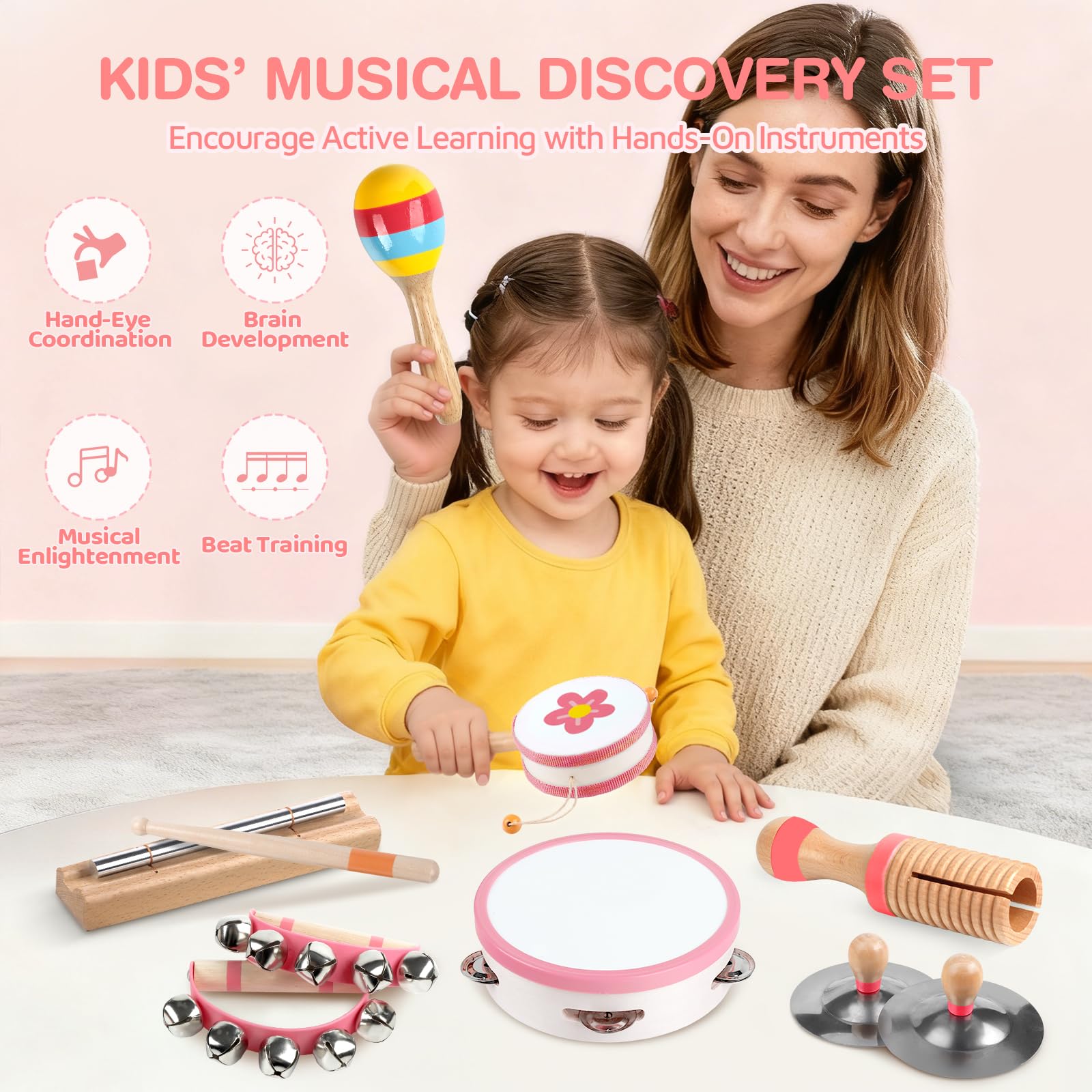 Strumenti musicali per bambini - Giocattoli musicali Montessori per tutti-piccoli, Set di strumenti a percussione in legno, Giocattoli di risveglio musicale (Pink)