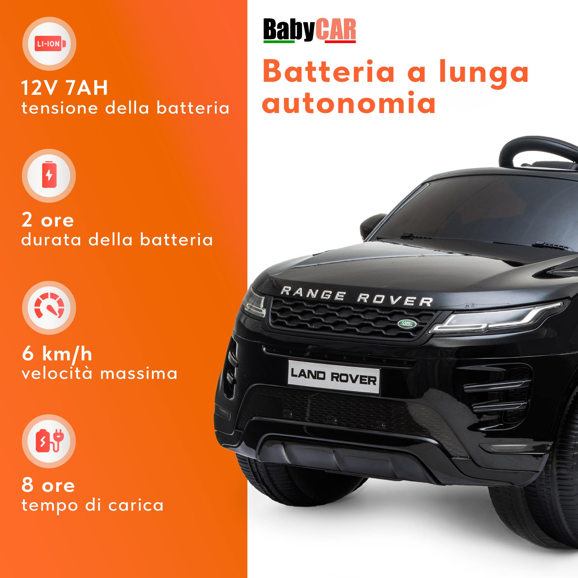 BabyCar Range Rover Evoque | Macchina per Bambini Elettrica Telecomandata 12V 2 Motori 35W | Auto Elettrica per Bambini 2 Posti | Sedile Pelle, Porte Apribili, USB | Licenza Ufficiale | Nero, MP3