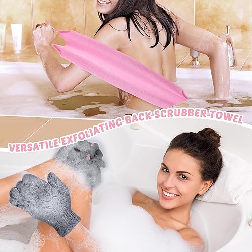 Miniatura 6 de Juego de 4 paños exfoliantes para la espalda, 2 toallas exfoliantes de nailon para la espalda, 2 pares de guantes de ducha para mujeres y hombres,