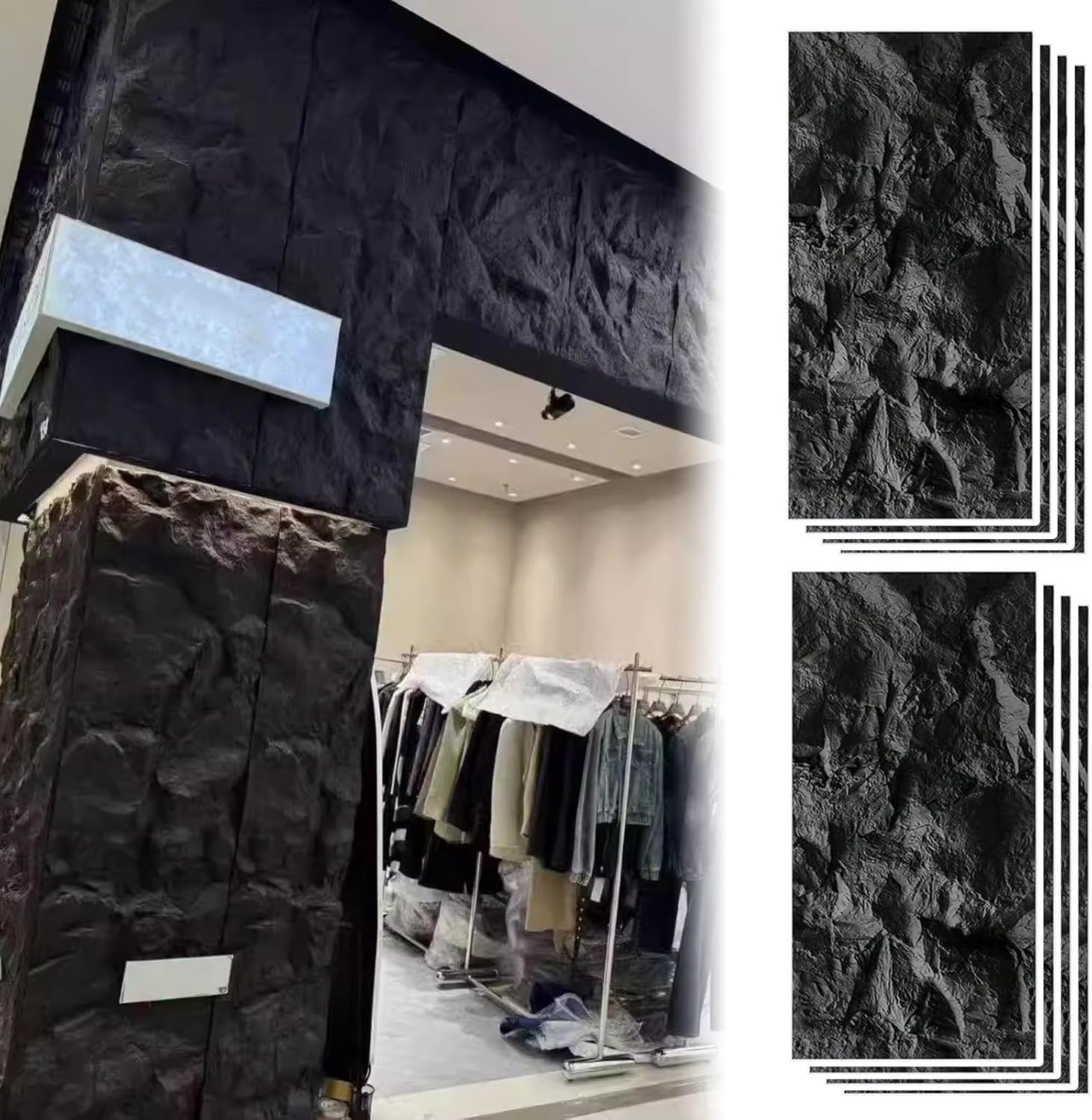Panel de Pared 3D de Piedra Artificial - Revestimiento de Pared de PU Impermeable for Interior y Exterior, 120 x 60 cm, Negro(8 Pack)
