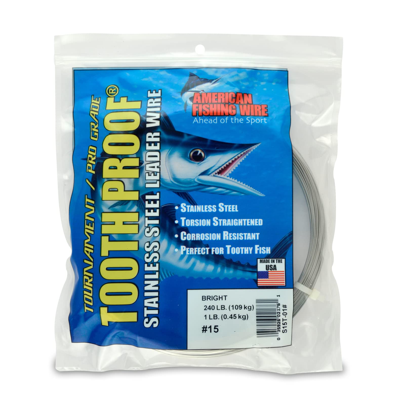 AFW - Tooth Proof - #15 (240 lb/109 kg Test) - Bright Color - 1 lb (453.6 g) Stainless Steel Single Strand Leader Wire