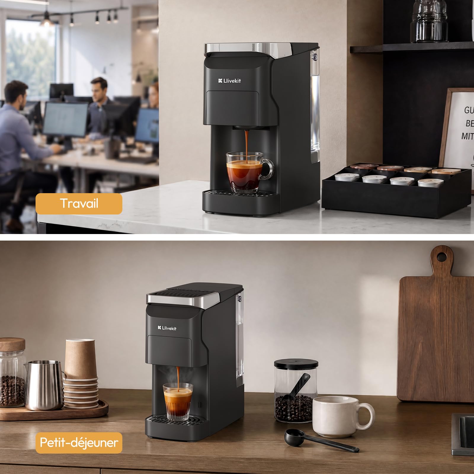LLIVEKIT Machine à Café 3 en 1, 20 Bars, Compatible avec Capsules Nespresso/Dolce Gusto, Cafetière à Café Moulu, Réservoir d'Eau 920 ml, Chauffe en 40 s, Autonettoyant, pour Maison et Bureau