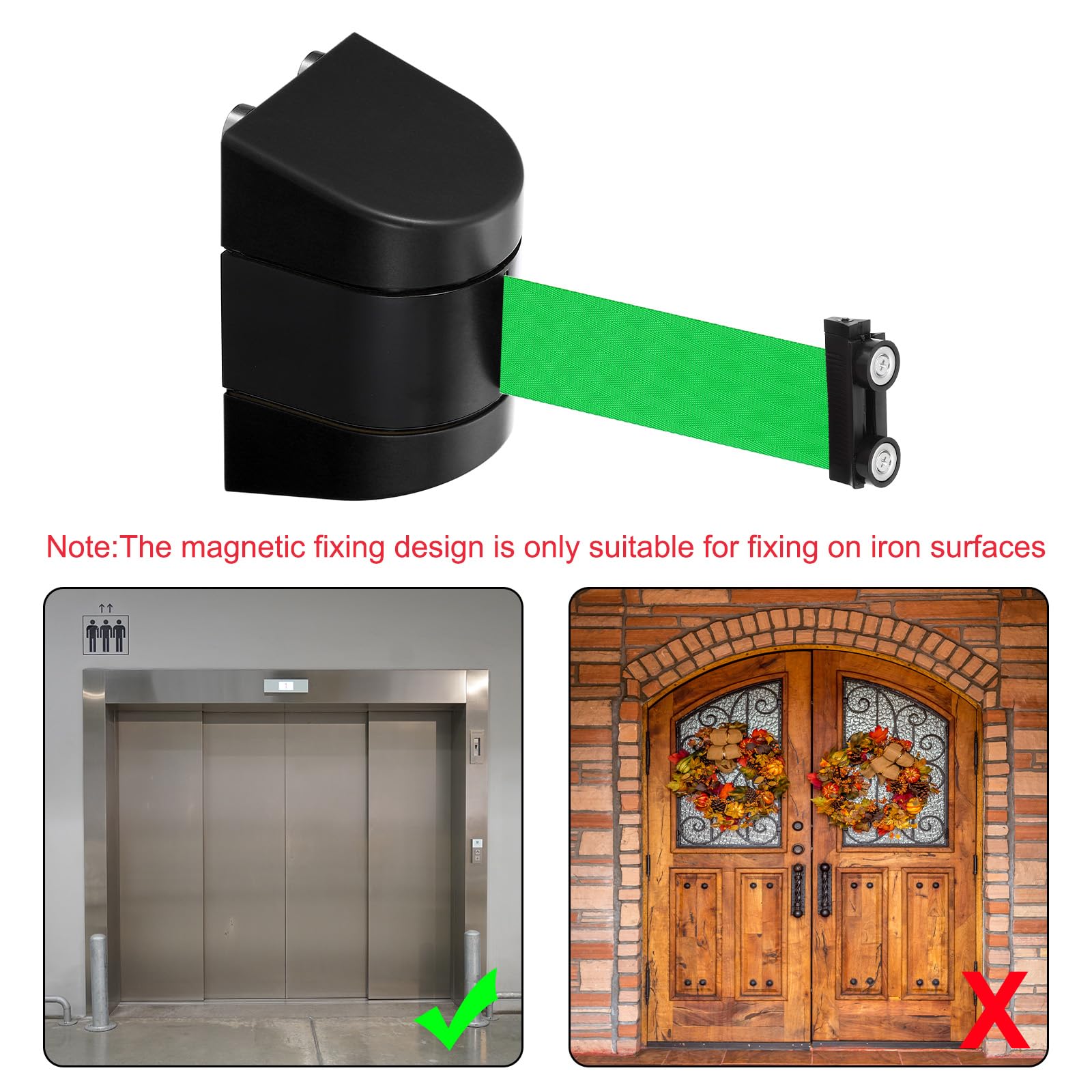 PATIKIL 16.4pcs Soporte de Pared Magnético para Barrera de Cinta Retráctil, Barrera Fija de Control de Multitudes con Cinta Verde y Estuche Negro de ABS para Separador de Colas en Tiendas