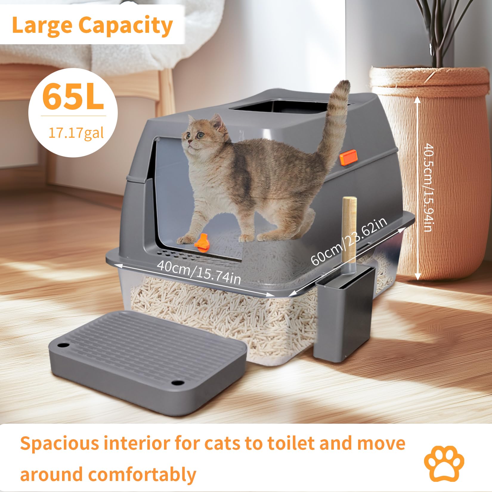 BingoPaw Katzenklo mit Deckel Edelstahl: Geschlossene Katzenklo Edelstahl XXL, Extra große Katzentoilette mit Doppelfilterstufen und Schaufel, hoher Rand, klebend und auslaufsicher, Grau