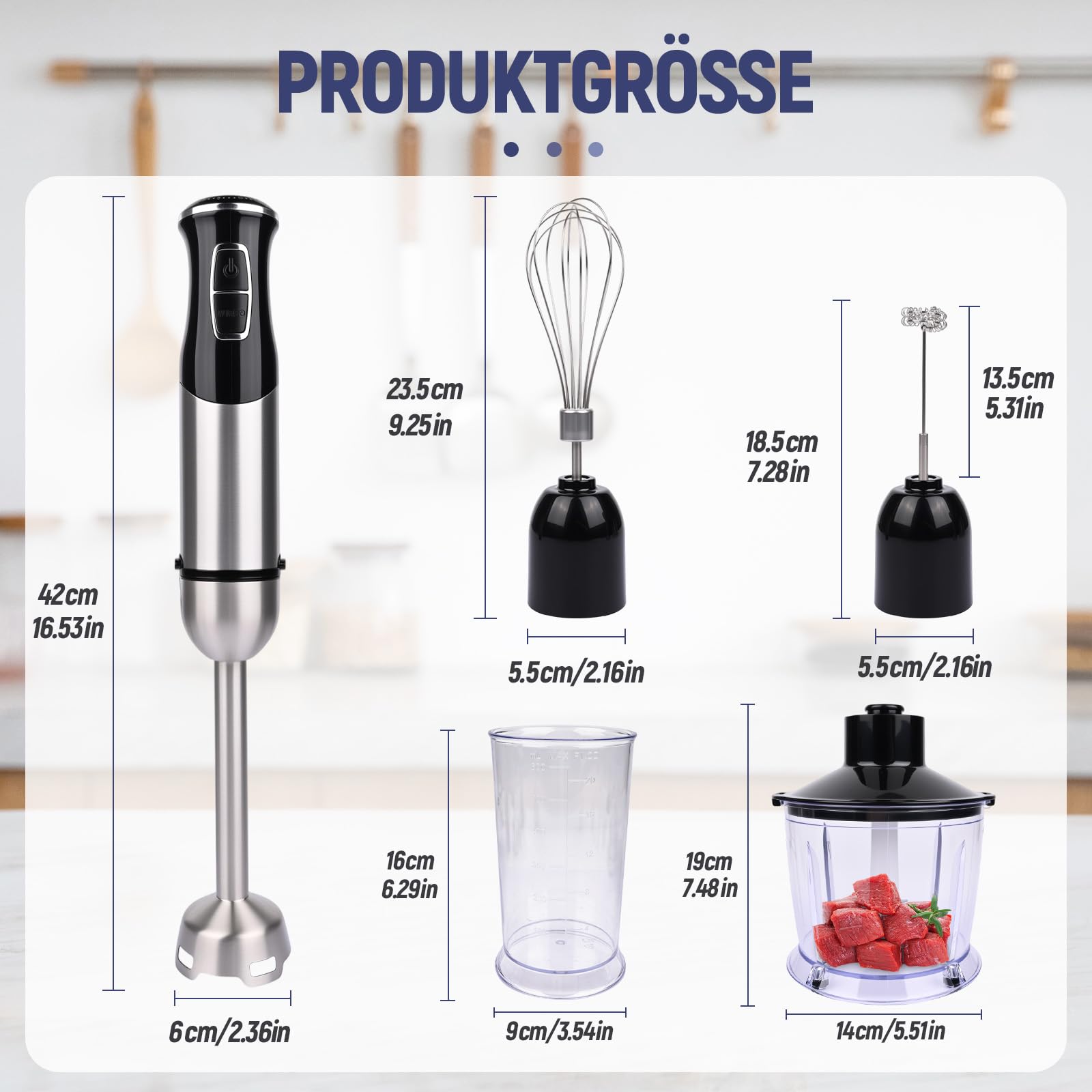5 in 1 Frullatore a Immersione Multifunzione, 1000 W, 21 marce, con Tritatutto da 800 ml e Misurino da 600 ml, Frusta, Bastone per la schiuma di latte, frullatore, senza BPA