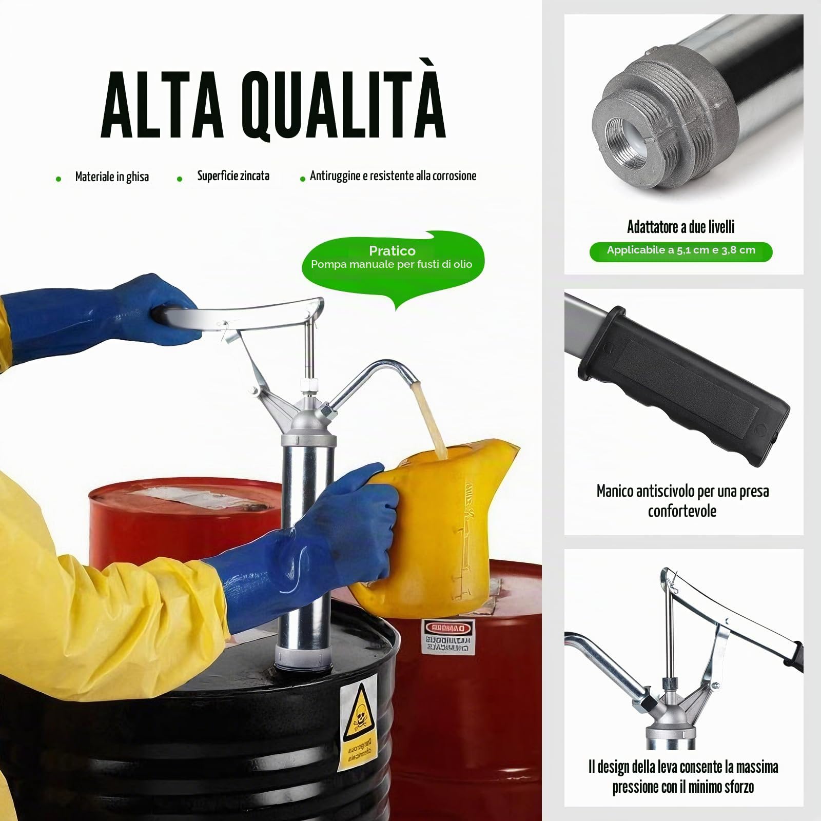 SWAWIS Pompa a Leva per Fusti d'Olio 15-55 Galloni 24L/min Argento | con Tubo dell'Olio Telescopico, Pompa a Barile per Estrazione di Gasolio, Olio e Lubrificante