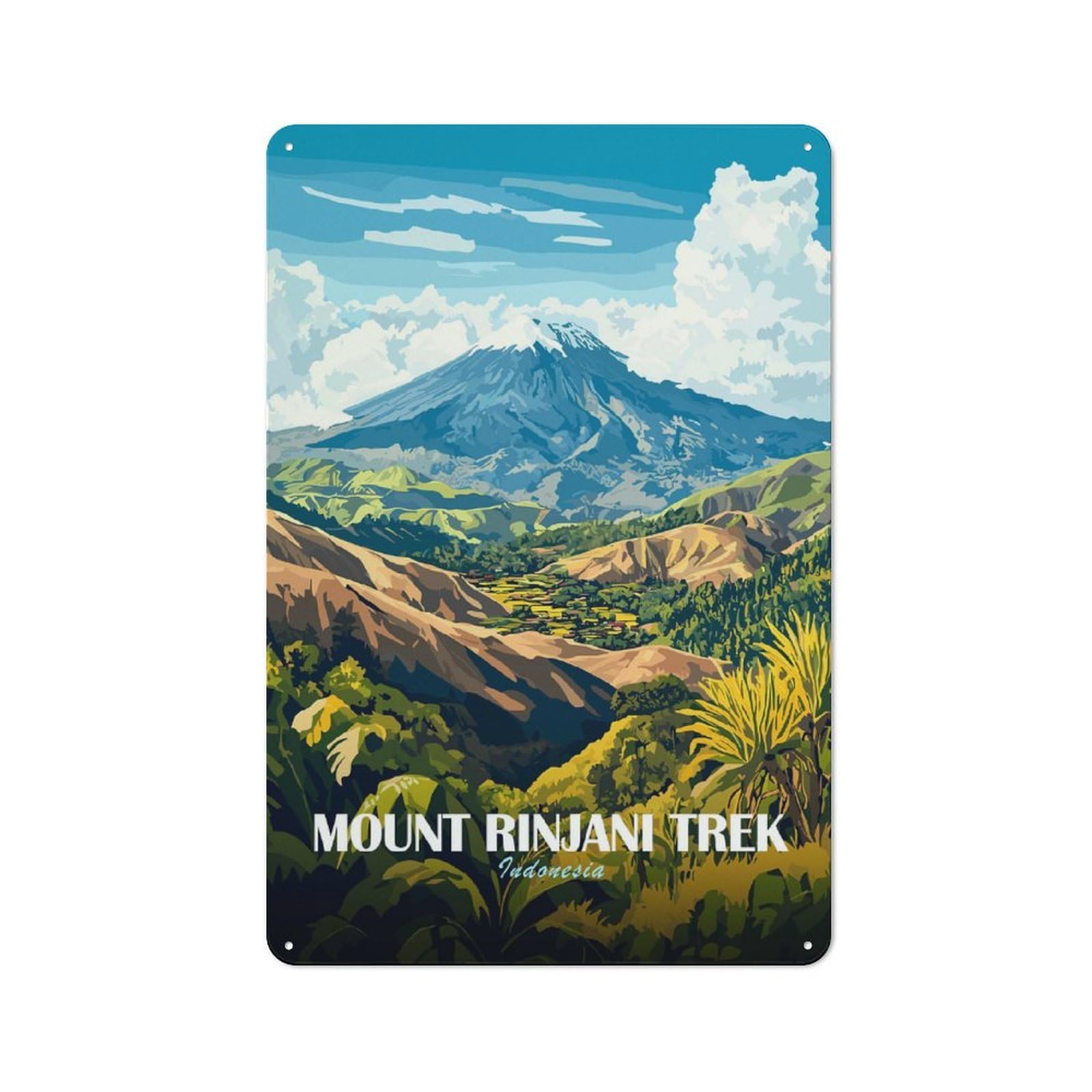 Junmoney Style-19 Retro-Style Tin Sign 30X20cm Featuring Mount Rinjani Trek, Indonesia For Hallway Wall, For Garage, Workshop And Man Cave Decoration