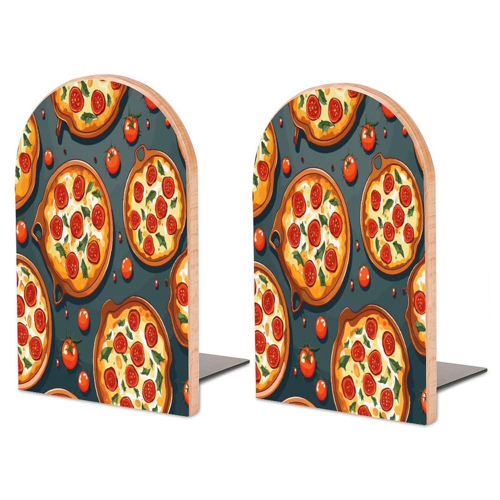 Pizza Food Bookend for Shelves Non-Skid Book Holder Modern Heavy Duty Bookend Stopper Metal Base Wood Book End Books Shelf Holder Home Decorative 1pair 6.7x3.9x4.7