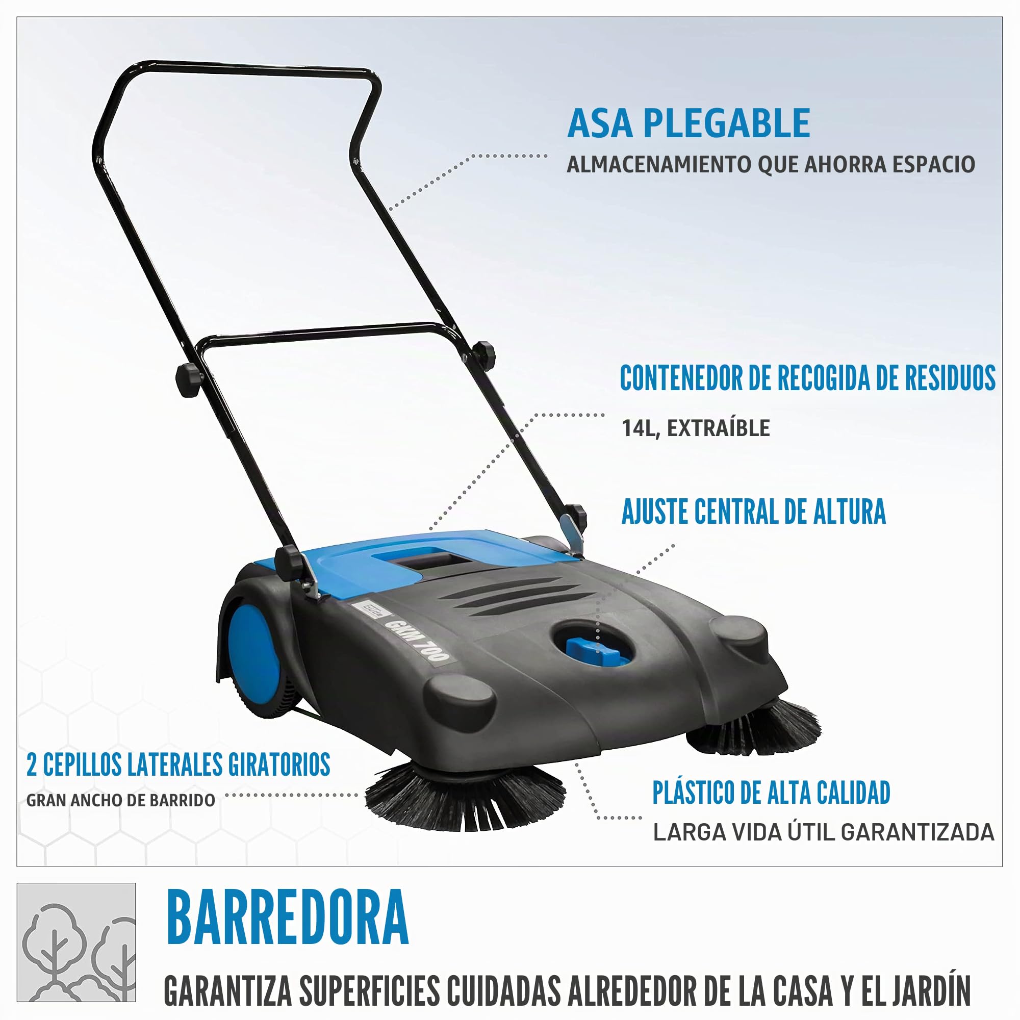 Güde Barredora manual GKM 700, ancho de barrido de 700 mm, contenedor de residuos de 14 l, salida de superficie de 2000 m2/hora