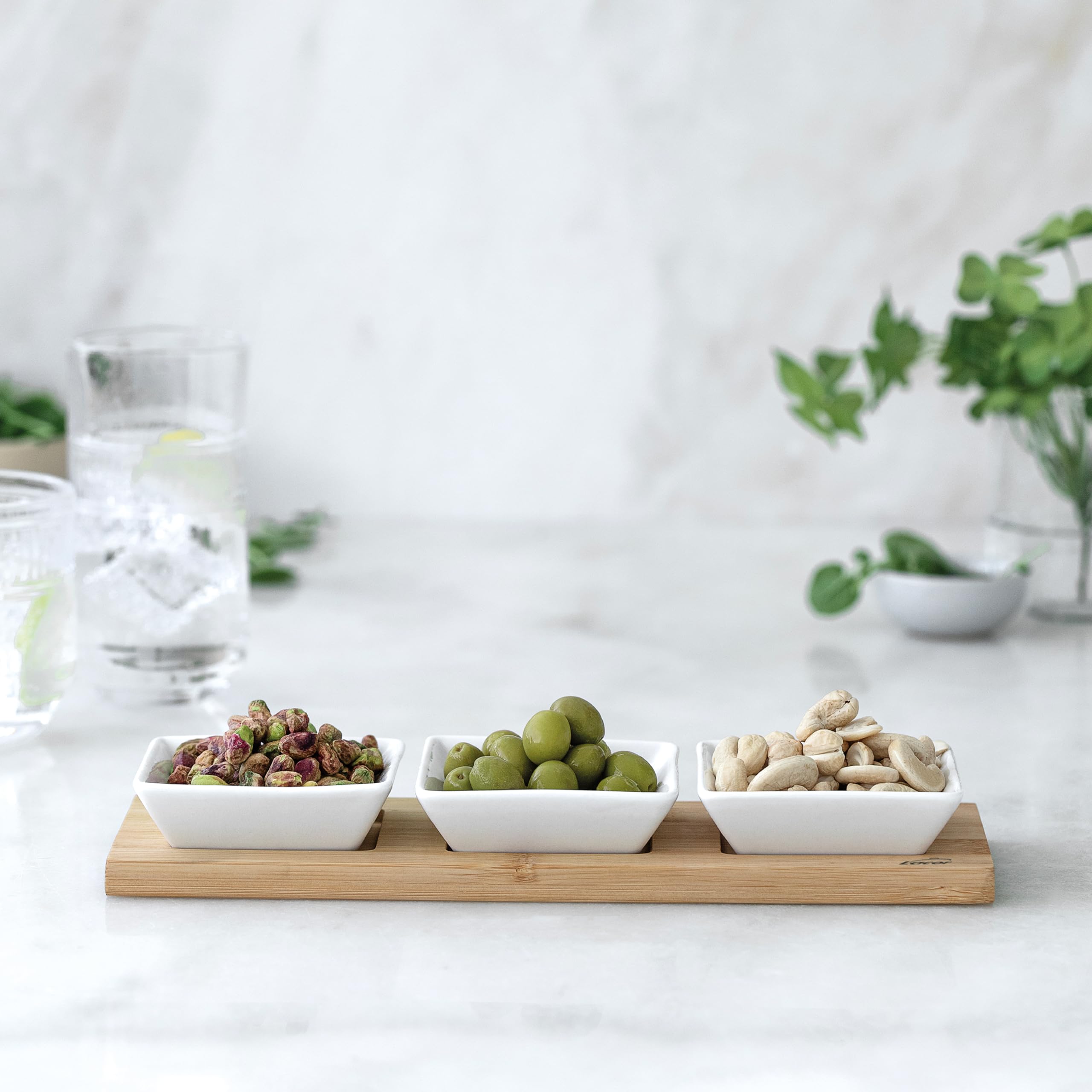 Lacor Bambus Snacktablett - 3 Schalen Porzellan Spülmaschinenfest