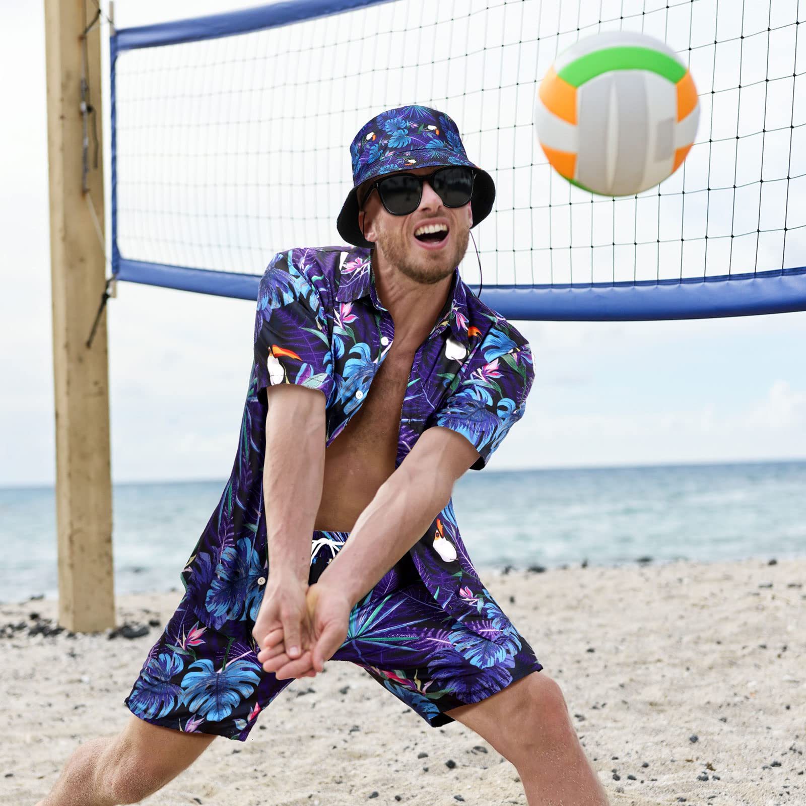 4-teiliges Hawaii-Hemd und kurzes Set für Herren, lässiges Button-Down-Sommer-Strand-Blumen-Outfits mit Hüten und Sonnenbrillen