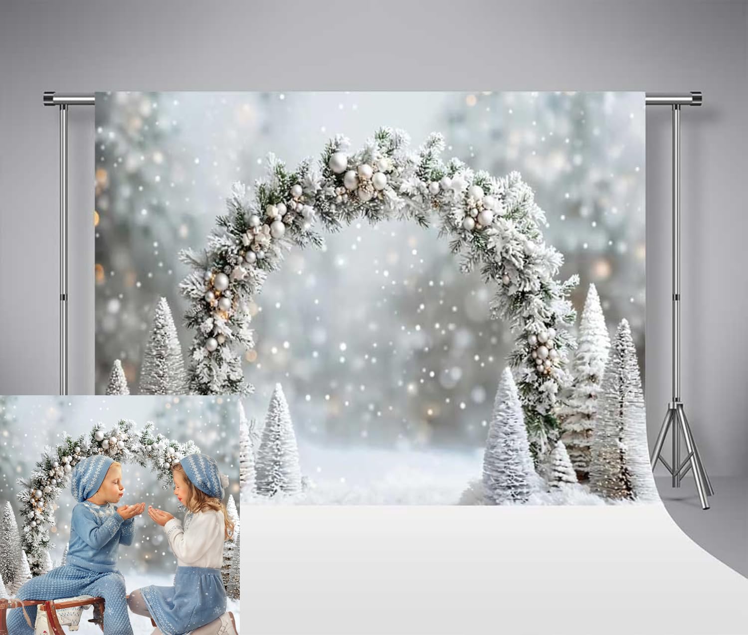 Telón de Fondo navideño Kate de 3 x 2 m (10 x 6,5 pies) con árbol de Navidad Plateado Escena Nevada al Aire Libre Arco utilería Fondo fotográfico de Bosque congelado Invernal para Estudio.