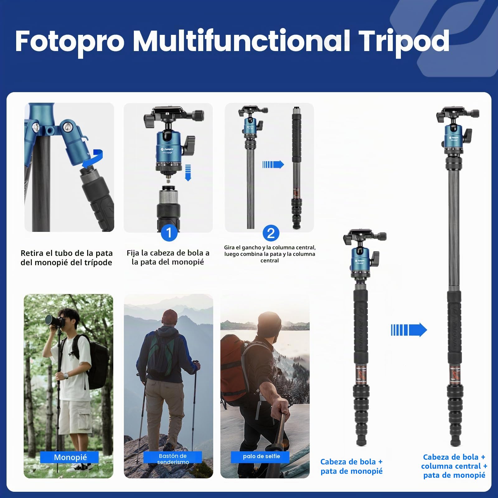 Fotopro Trípode de Viaje de Fibra de Carbono de 59 Pulgadas, trípode de cámara Compacto con Cabeza de Bola, monopie Desmontable con Placa de liberación rápida y Bolsa, Carga hasta 8 kg (Azul)