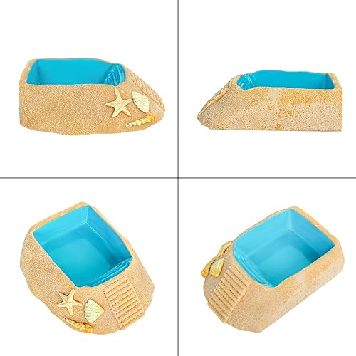 REPTIZOO Hermit Crab Water Bowl with Climbing Ramp, Resin Hermit Crab Water Food Dish and Bathing Pool Beach Style Reptile Ramp Bow Basking Platform for Turtles, Lizard, Frog, Gecko