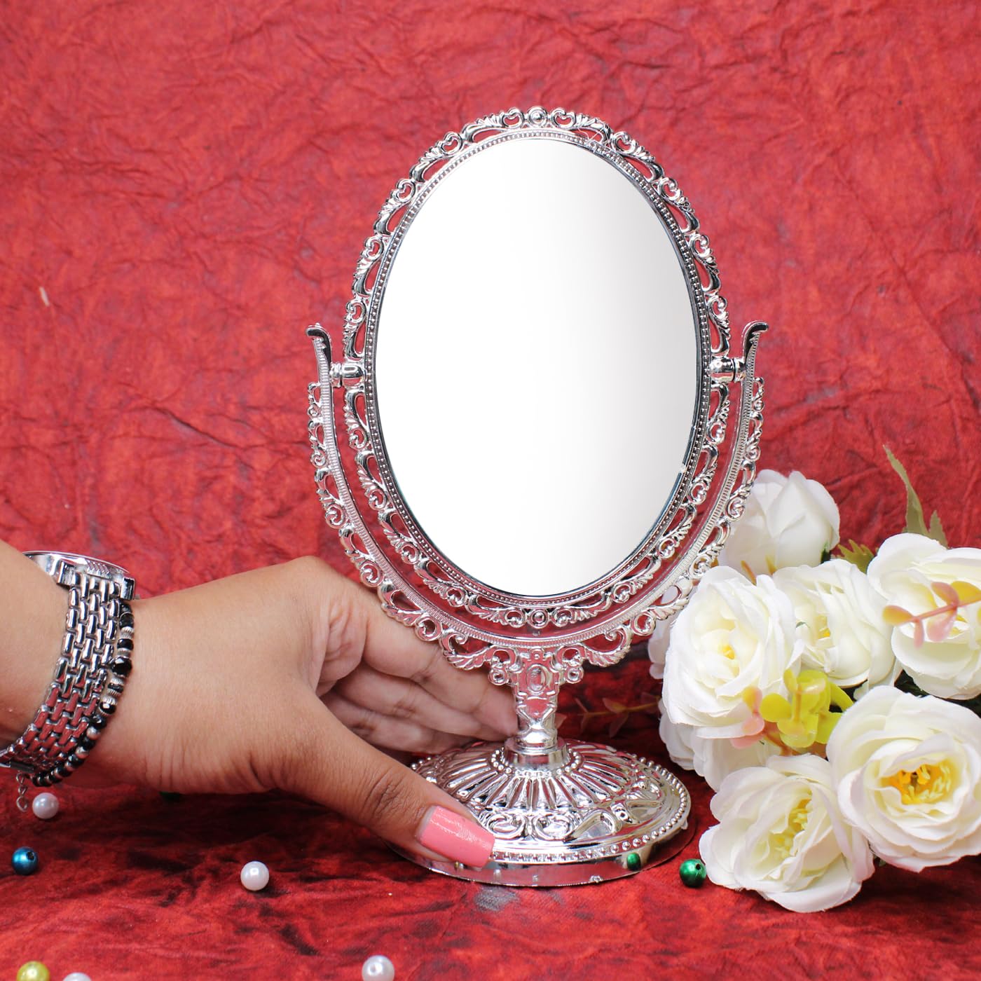 Prime Double Sided Magnifier Table Makeup Mirror with Stand Tabletop Shaving Mirror for Home and Travel Use Pack of 1