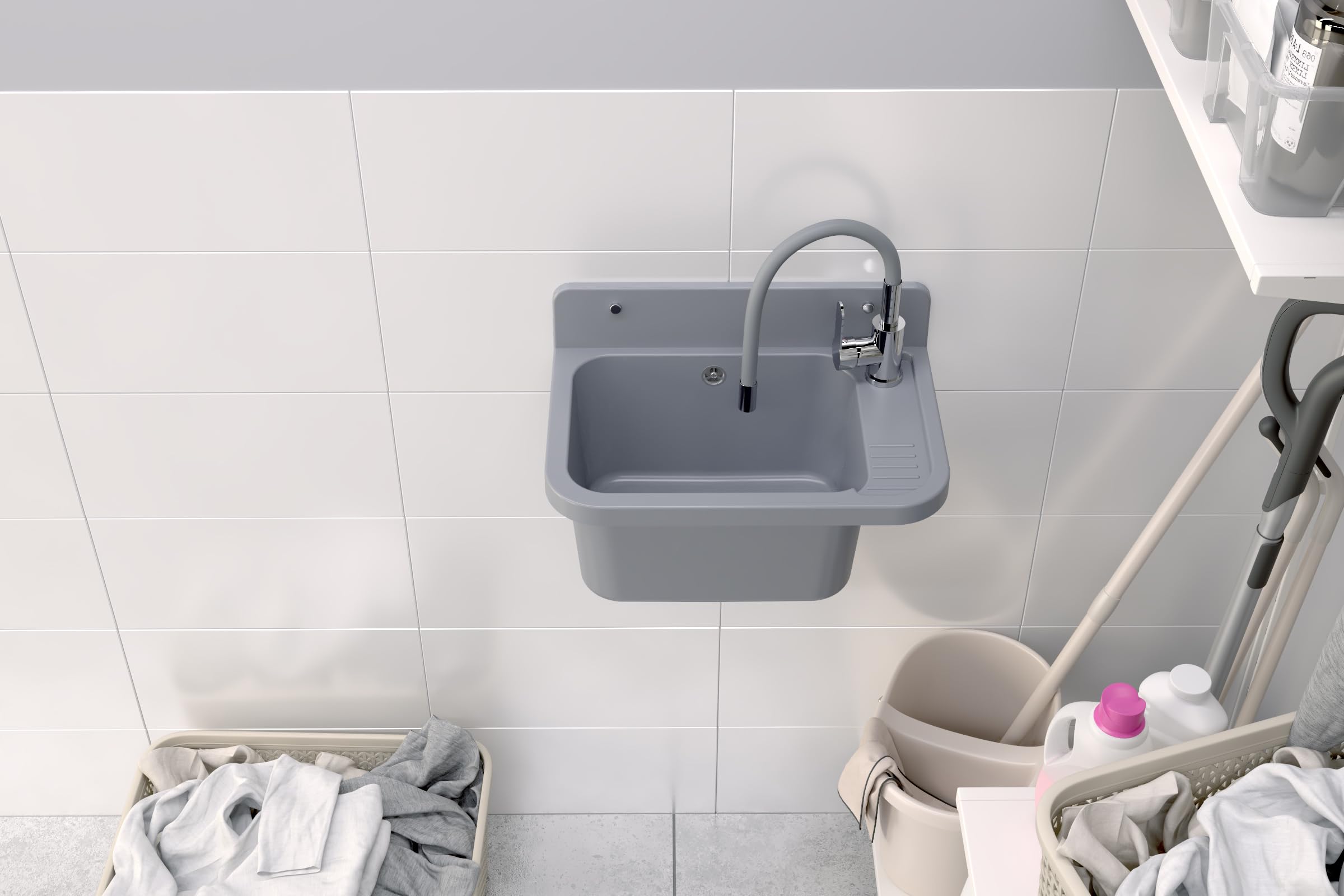 Granitan Ausgussbecken für Garage Keller Werkstatt und Waschküche - Universal Waschtrog Set mit Siphon - Waschbecken mit Abtropfschale Wandmontage aus Polypropylen - 50x34x31 cm - Grau - Figo