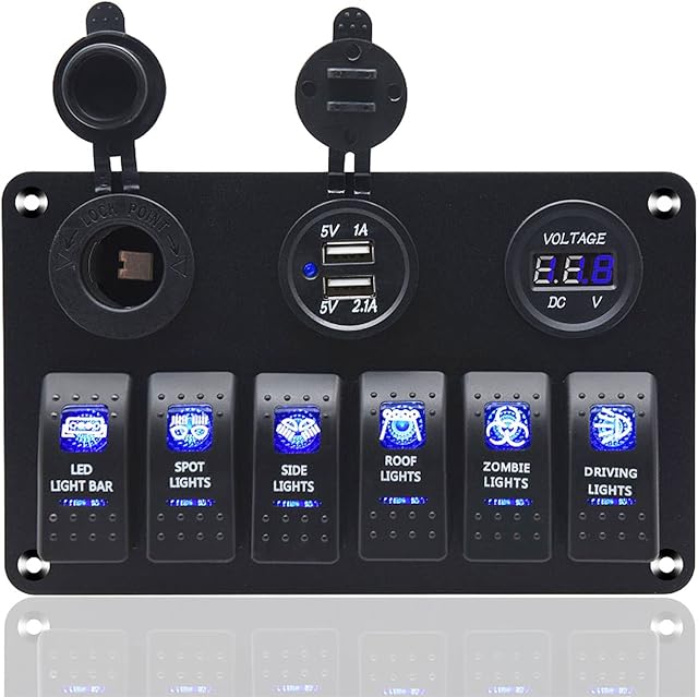 6 Gang Switch Panel, 12V/24V Waterproof Rocker Toggle Switch Dual USB Charger Digital Voltmeter Display Rocker Switch for Boat Car RV Truck