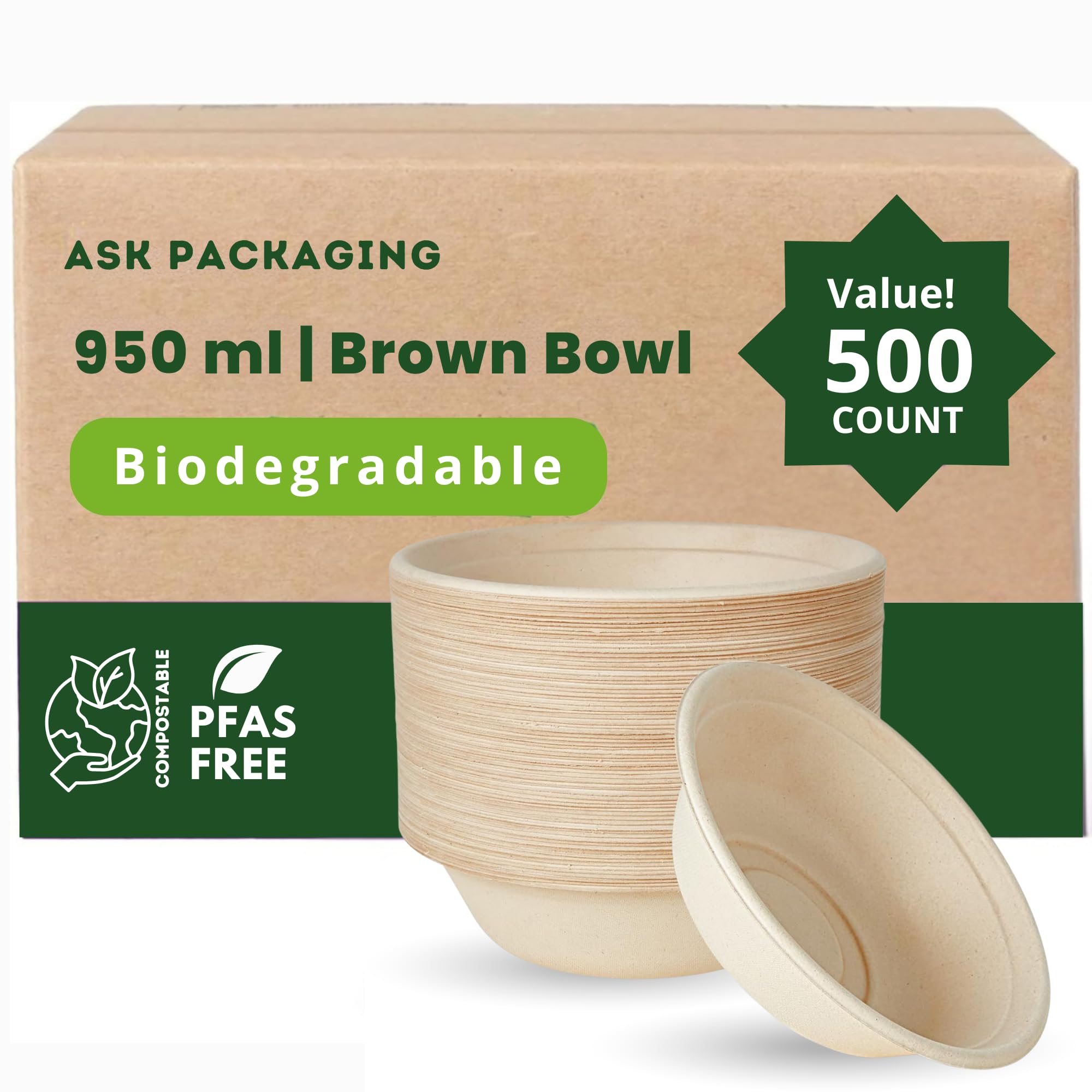 Strong Paper Bowls (950ml / 500 Pack) Large Disposable Compostable Bagasse Bowl for Party – (8.5 x 2.4 inches) Biodegradable Eco-Friendly Heavy-Duty Microwavable Soup Bowls – Full Meal, Salads, Lunch