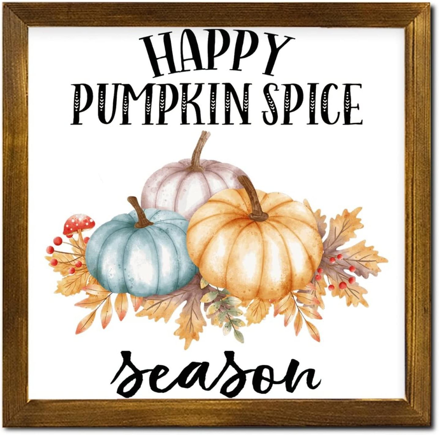 Happy Pumpkin Spice Season Framed Wooden Signs Sunflower Maple Leaves Welcome Sign Classic Harvest Thanksgiving Wood Wall Hanging Decor for Home Room Office Garden Kitchen 12x12 inch