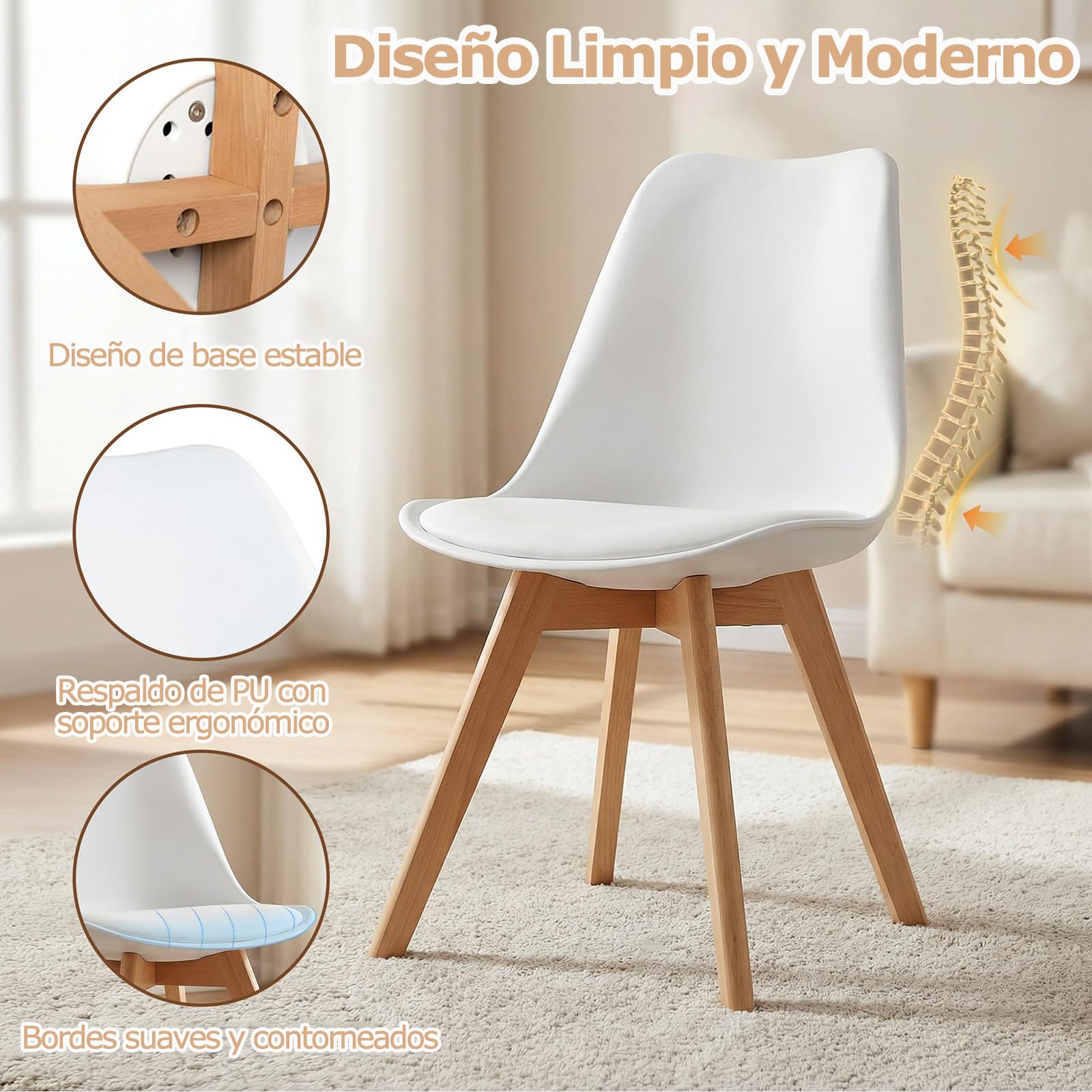 Sillas de Comedor, Pack 4 Sillas Comedor Nórdico, Sillas Cocina con Asiento Tapizado y Las Piernas de Madera de Haya Maciza, Blanco