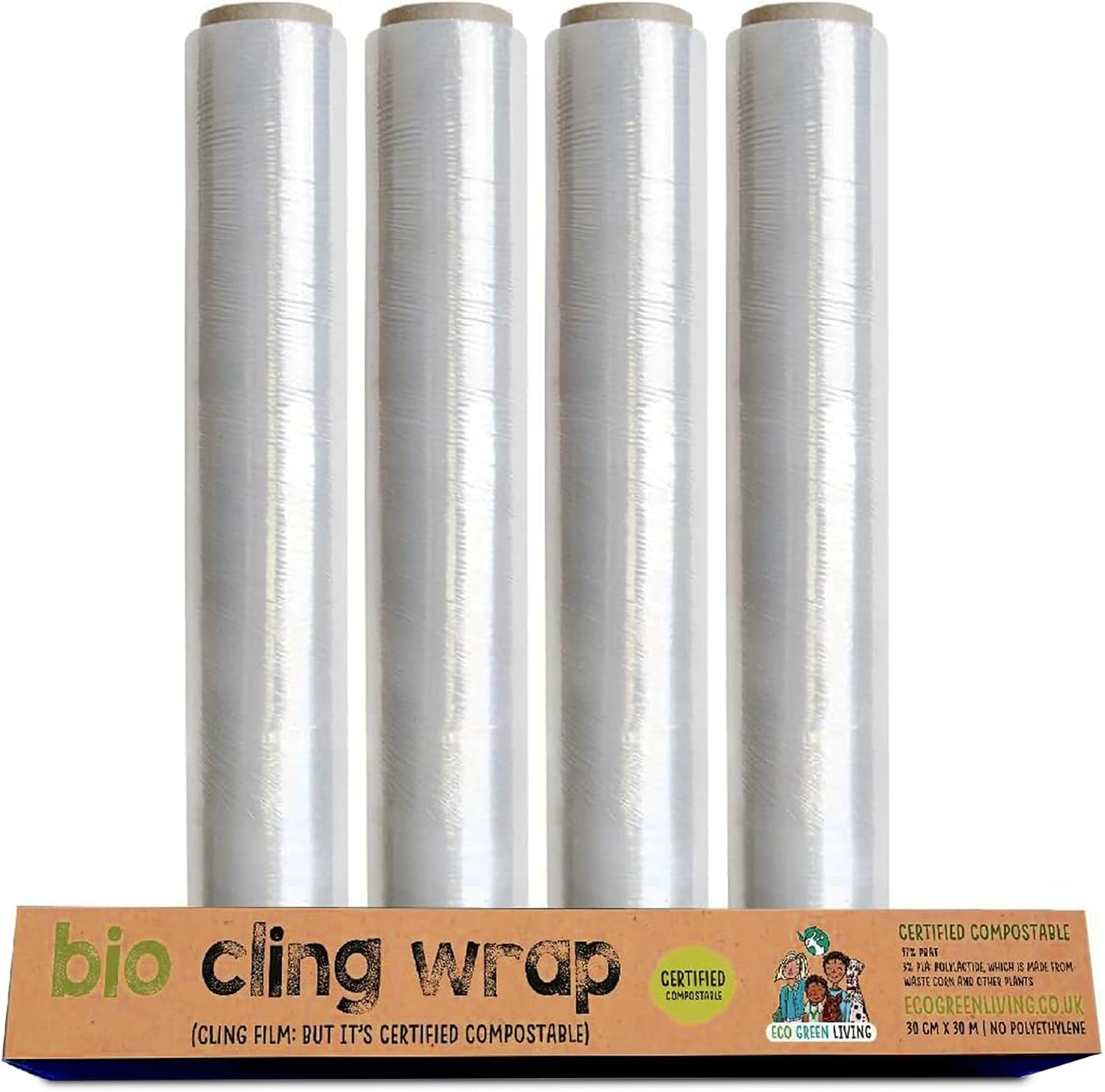 Eco Green Living Biodegradable Cling Film Bio Cling Wrap 100% Compostable, BPA & Plastic-Free Food Wrap, Vegan, Fridge & Freezer Safe, Recyclable Cardboard Dispenser. 4 Pack 30cm x 30m