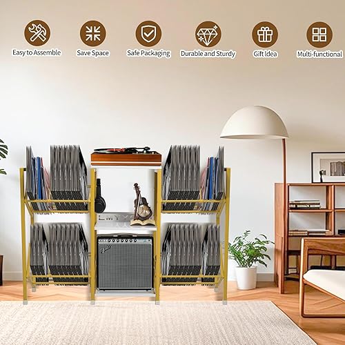 Miniatura 5 de Soporte grande para tocadiscos con almacenamiento de vinilo, gabinete de almacenamiento de discos de vinilo para hasta 400 álbumes, soporte