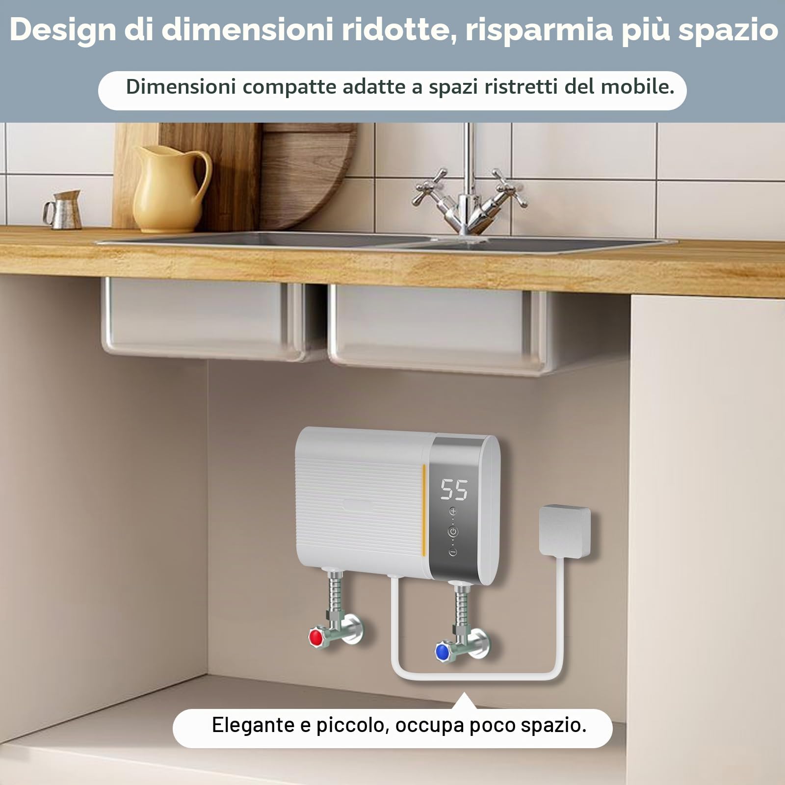 Scaldabagno elettronico da cucina, 220 V, 5500 W, mini scaldabagno senza serbatoio con indicatore di temperatura LED, elettrico istantaneo, piccolo scaldabagno (bianco)