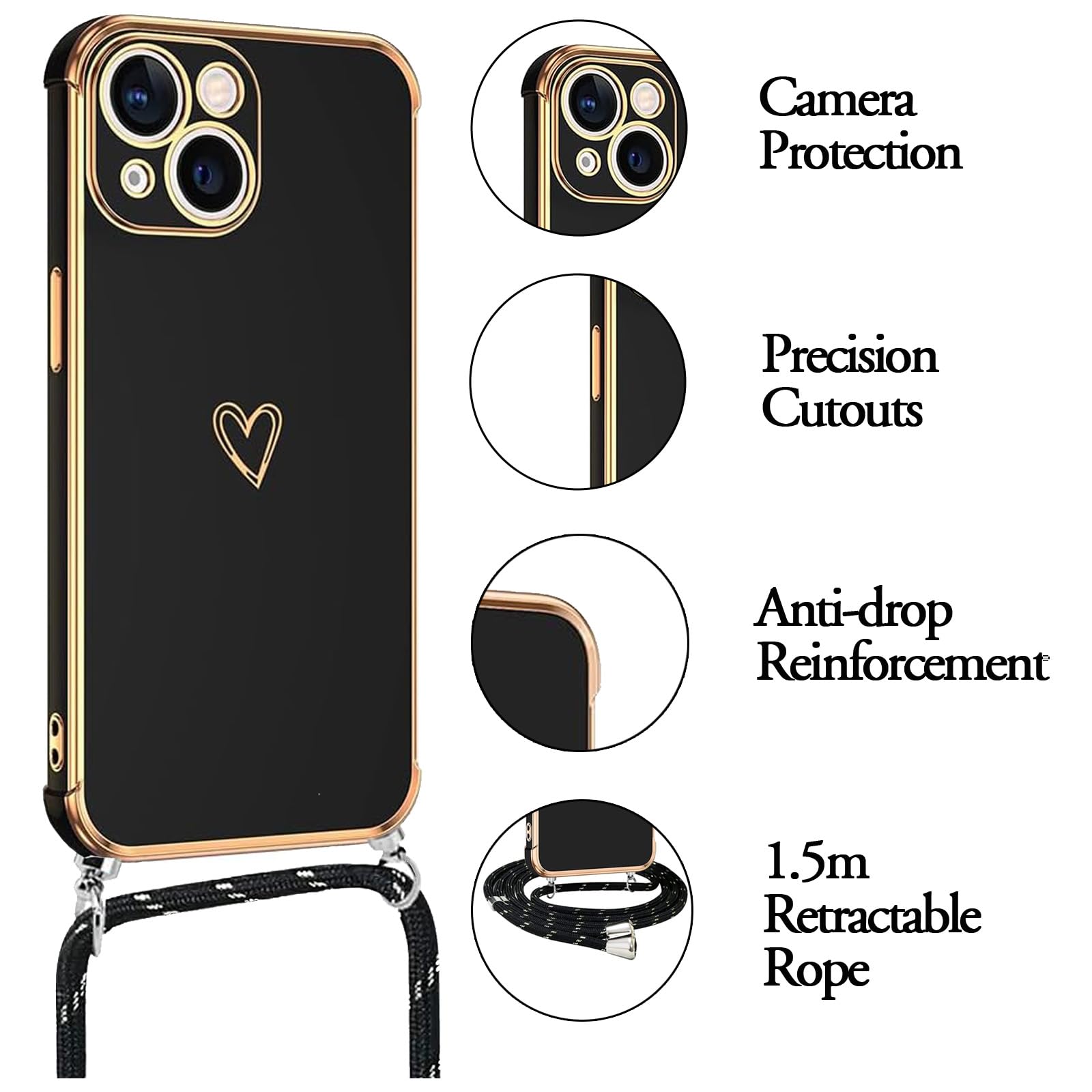 vumebao Mobile Phone Chain for iPhone 15, Case with Strap, Mobile Phone Case Heart Love Design Silicone Bumper Cord - Image 2