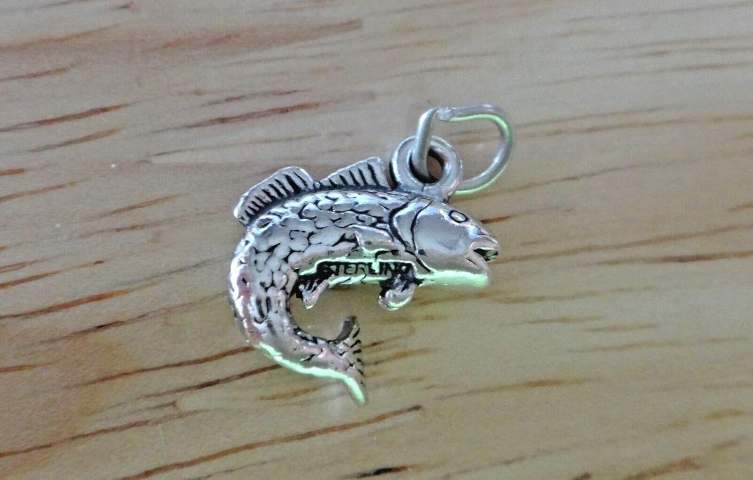 Sterling Silver 3D 14x13mm Sporting Fish Fishing Trout Bass Charm - Jewelry Making DIY Crafting Charm Beads for Bracelets