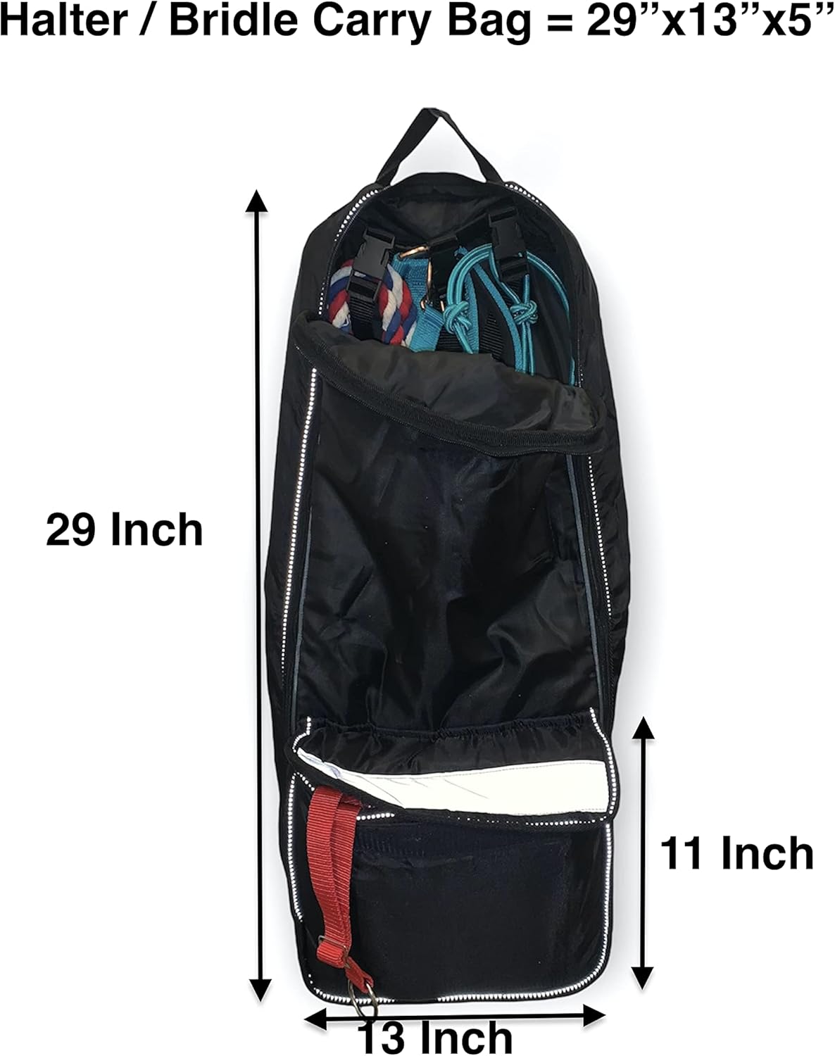 Majestic Ally Halter Bridle Carry Bag - Reflective, Padded with Front Large Pocket Tack Carry Bag to Keep Horse Tack Clean and Safe (Black)
