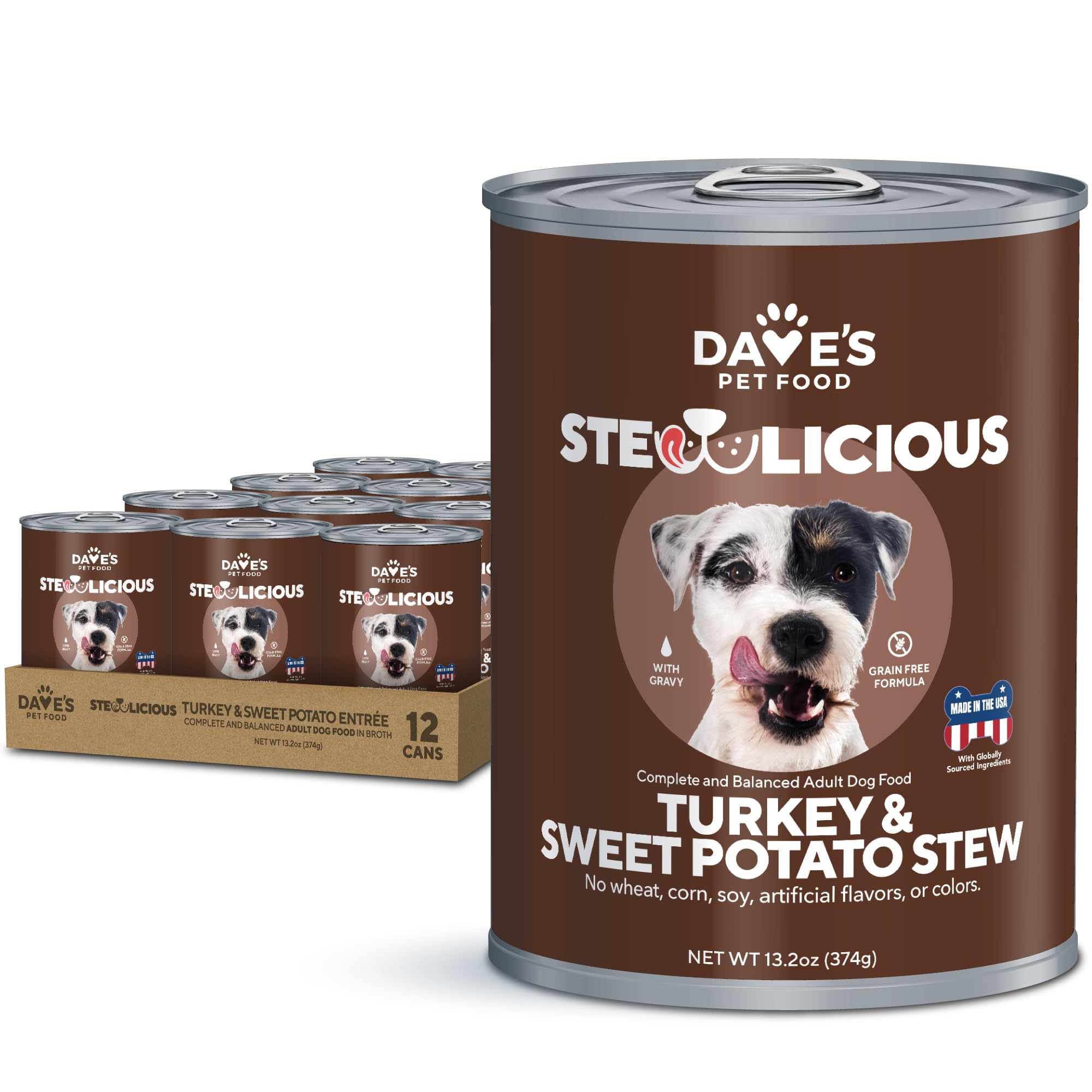 Dave's Pet Food Stewlicoius Grain Free Wet Dog Food (Turkey & Sweet Potato in Gravy), Made in USA Naturally Healthy Canned, Gluten Free Topper, 13.2