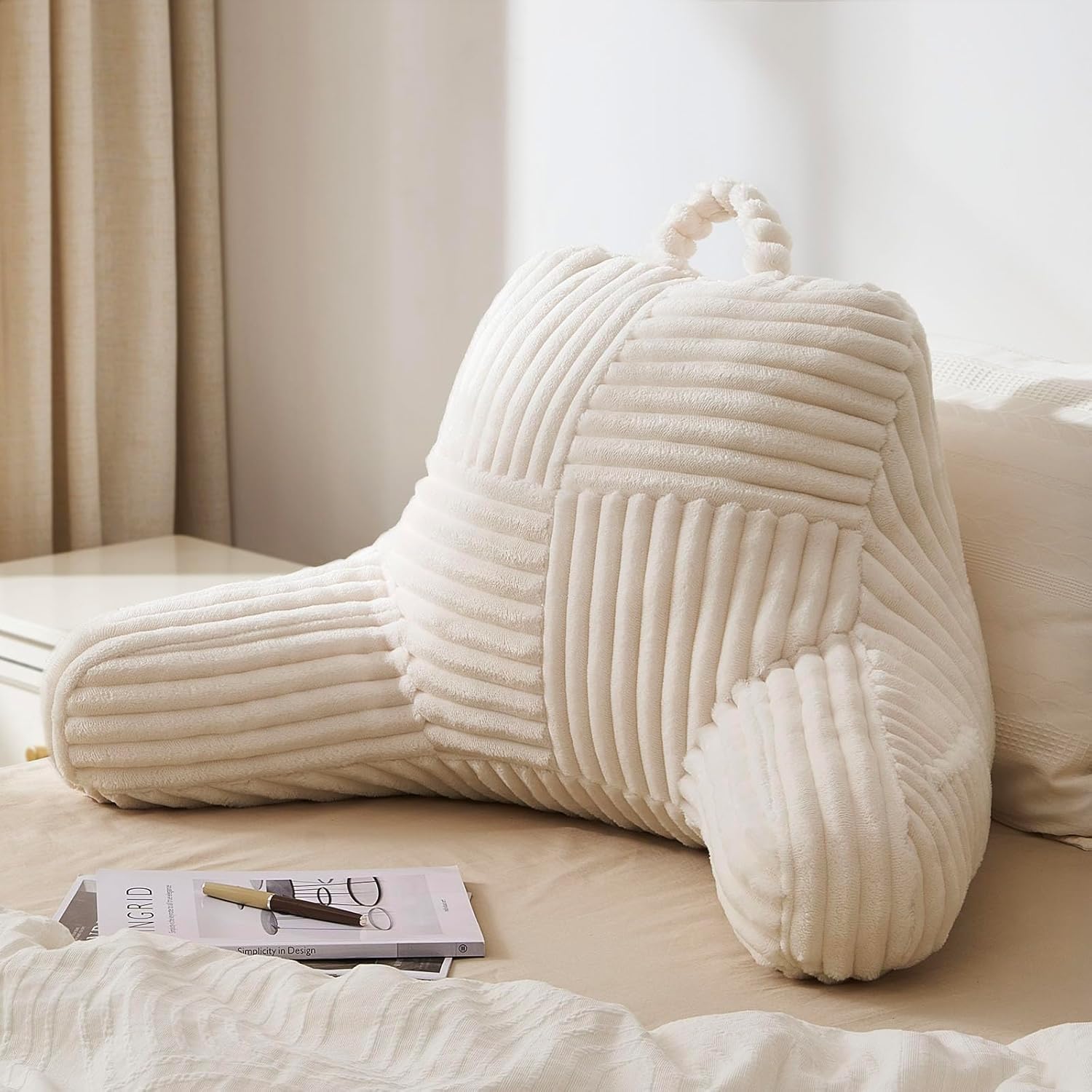 Blissful Diary Reading Pillow for Sitting in Bed, Flannel Back Pillow Bed Sitting Up for Adult & Children, Backrest Cushion for Sit Up in Couch or Floor, Dorm Essentials, Ivory White