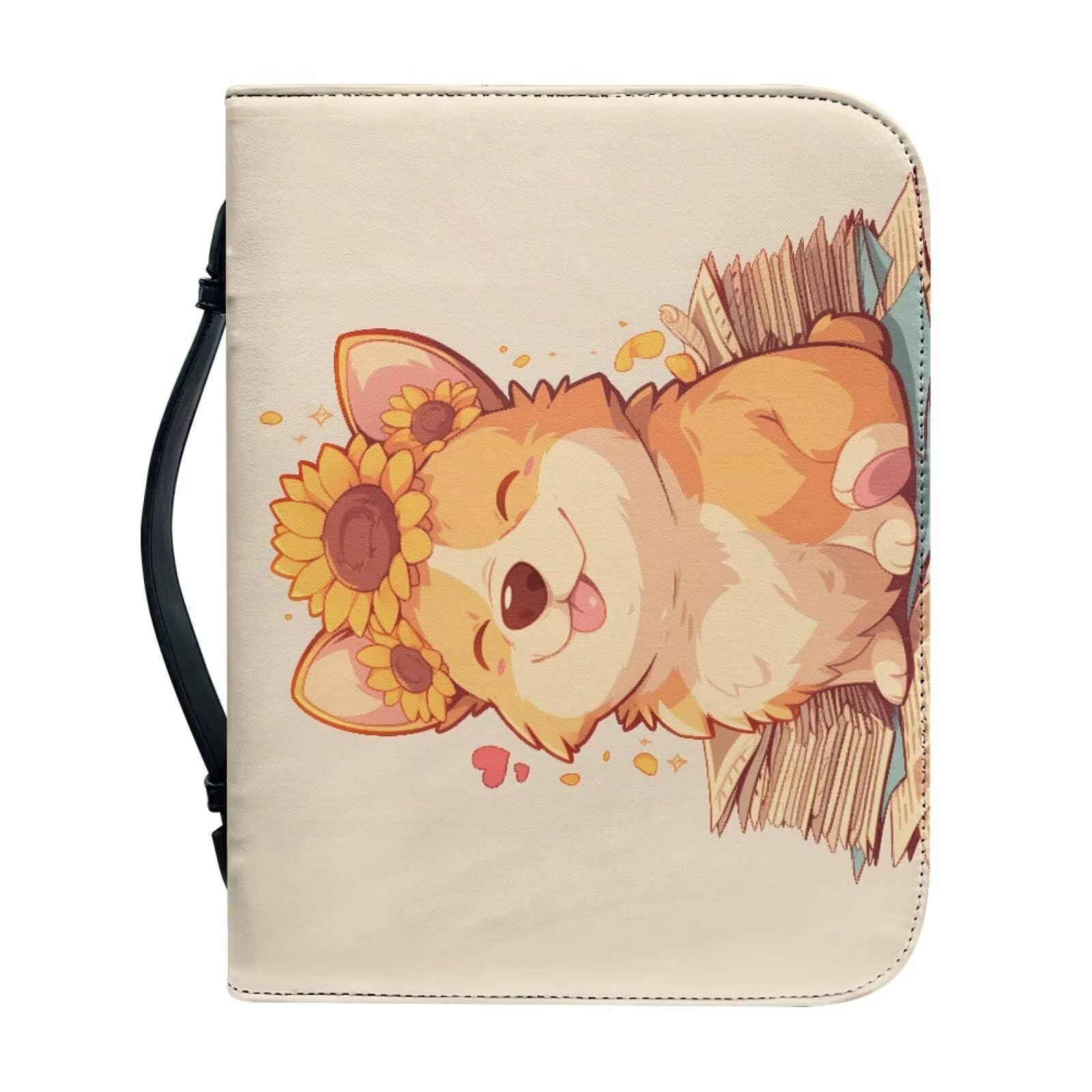 Kuiaobaty Corgi Dog Pattern PU Leather Bible Cover Bag with Pockets,Sunflowers Puppy Print Book Sleeve Case Zipper for Study Bible 4 Size Large 2XL