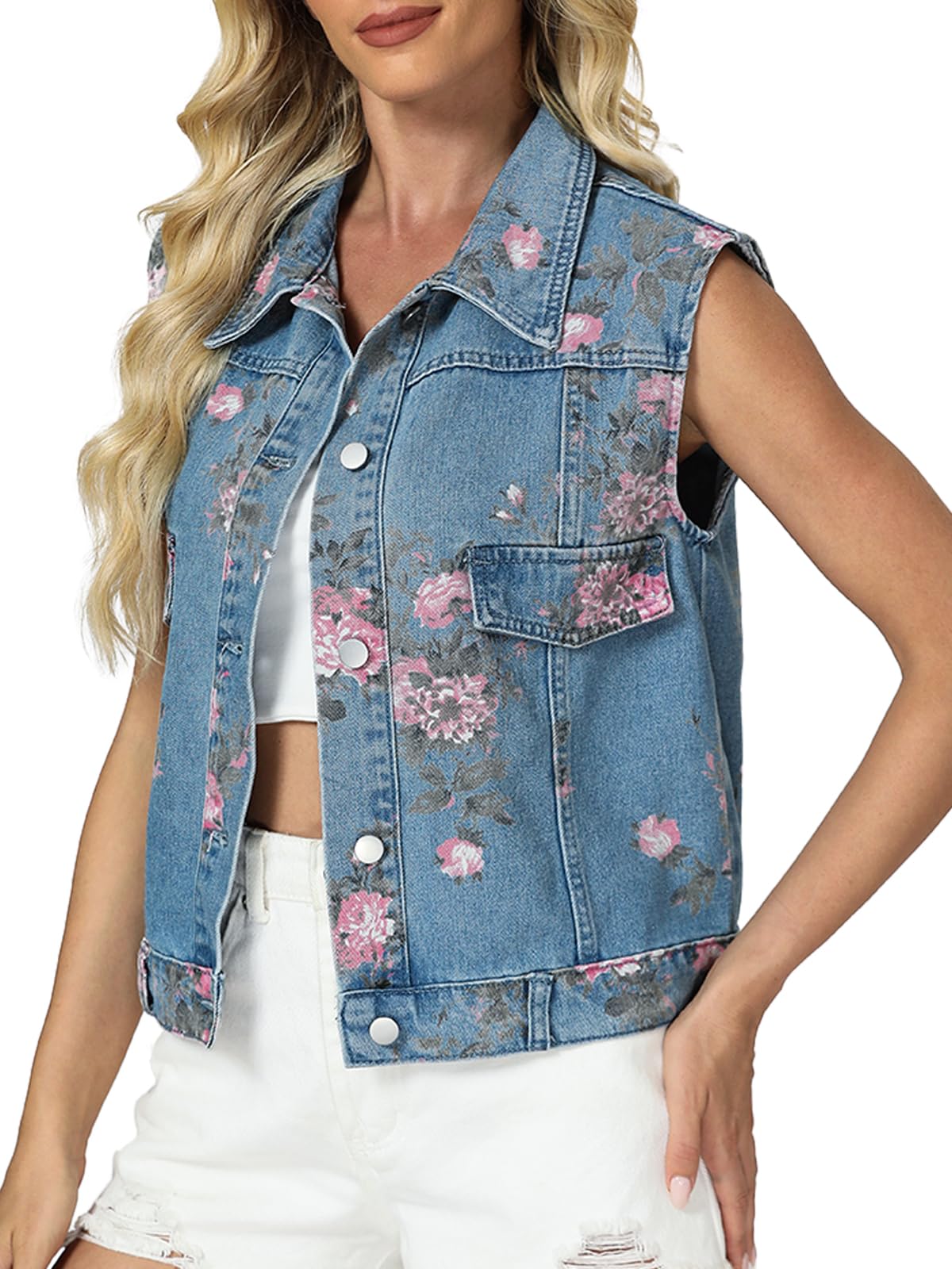 Denim Vest Women Sleeveless Casual Floral Printed Jean Waistcoat Jacket-image-28