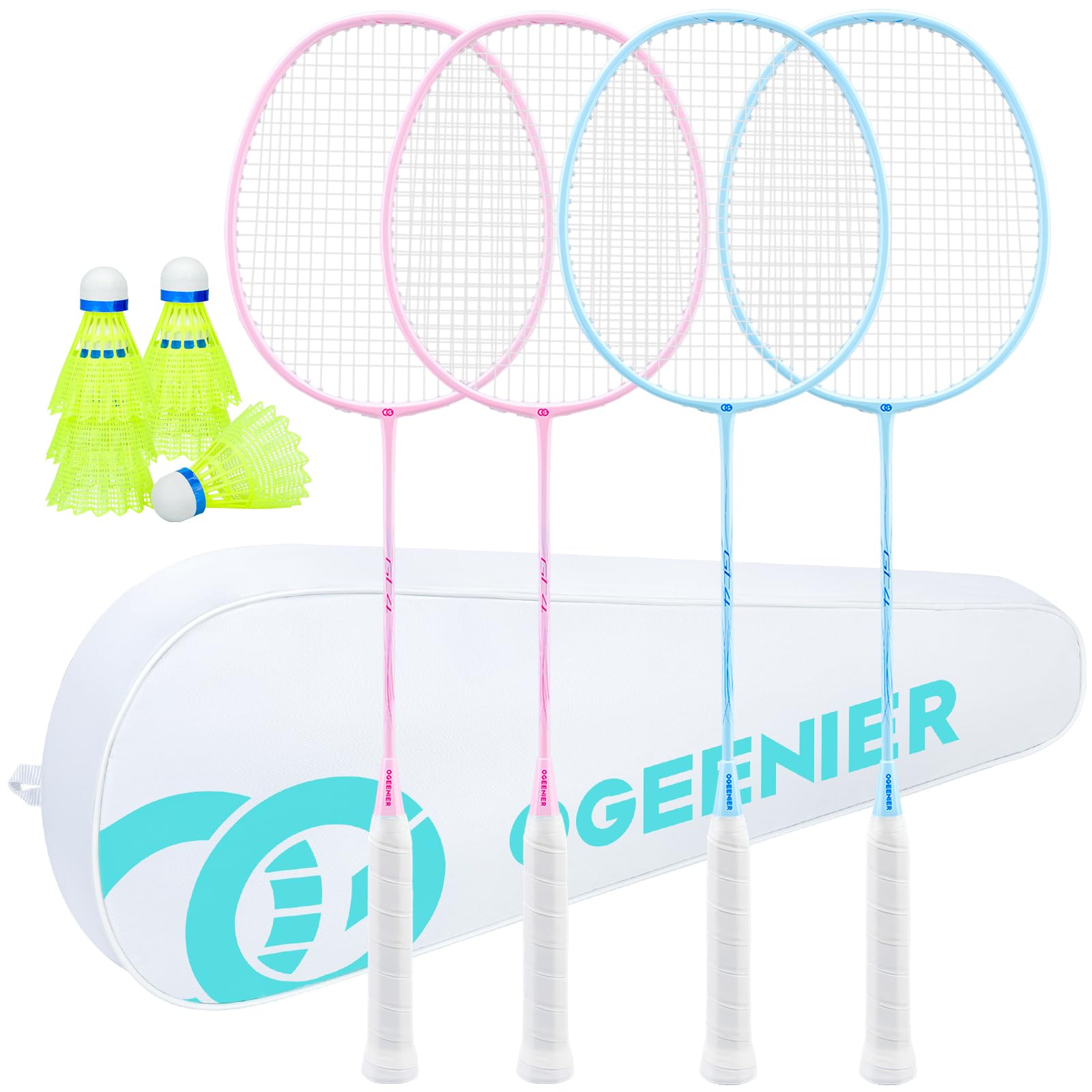 OGEENIER Lot de 2 Raquettes de Badminton légères Professionnelles avec 6 Volants et 1 Sac pour 4 Personnes | Ensemble de 4 joueurs, léger, pré-cordé, cadre en aluminium, tige robuste en fibre de carbone, plus grand point de frappe
