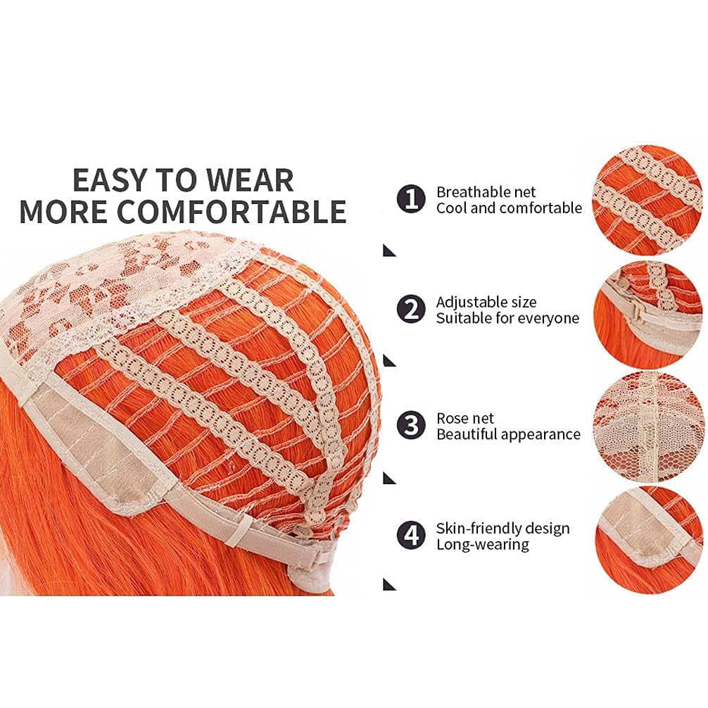 BERON 26 Inches Orange Wig Long Curly Flame Color Wig with Bangs for Women Daily Party Hairnet Include