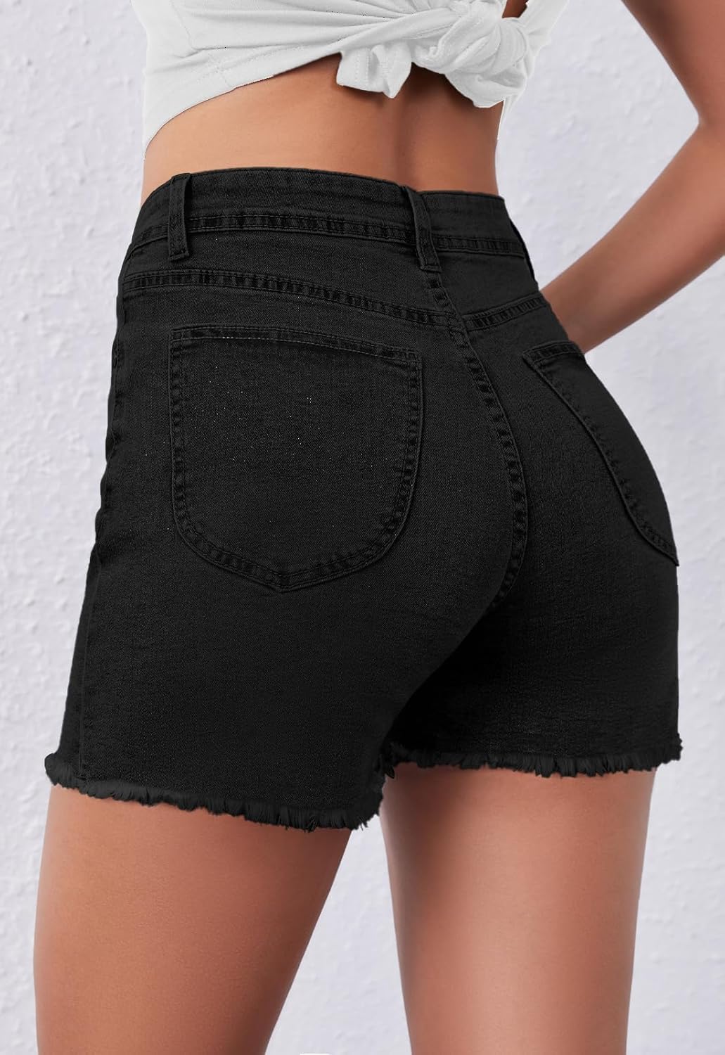 Metietila Casual Jean Shorts for Women High Rise Frayed Raw Hem Stretchy Denim Shorts with Pockets - Image 2