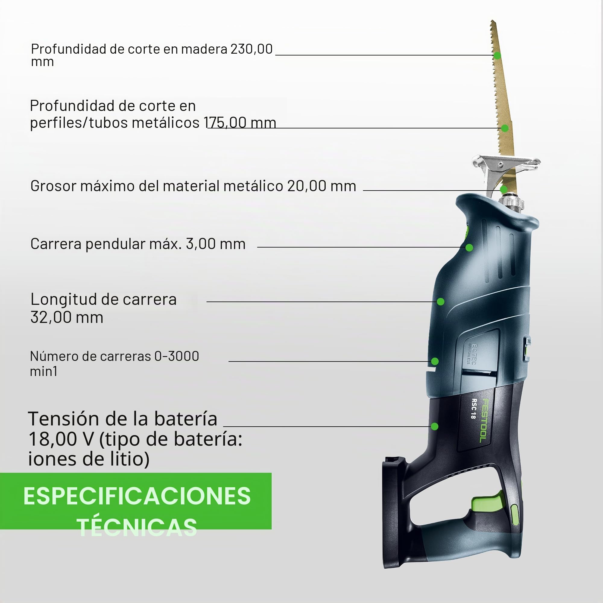 Festool Sierra de Sable a Batería RSC 18 EB-Basic, 18 V | Motor EC-TEC sin escobillas, pendulo opcional, LED integrado, cambio de hoja sin contacto, con Systainer